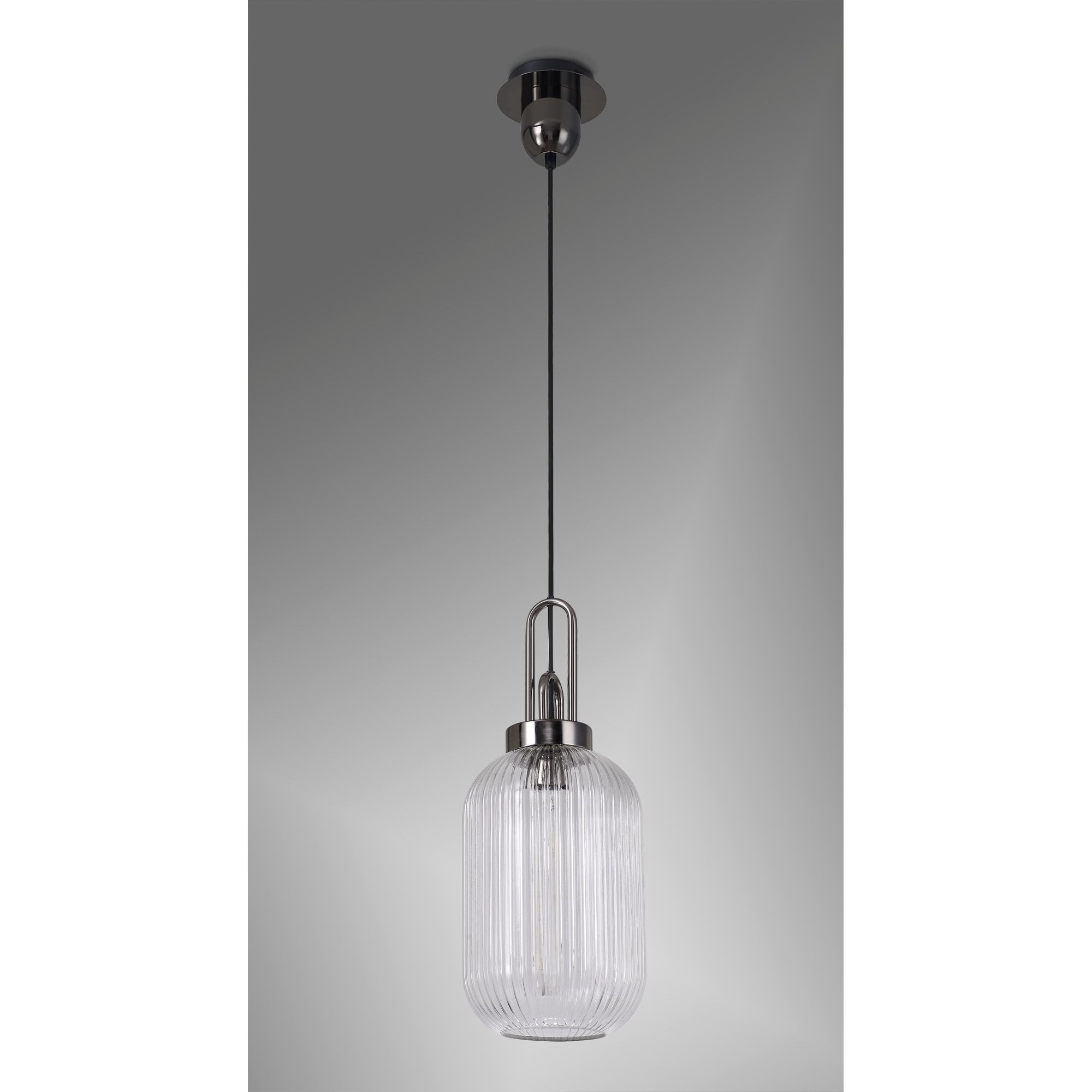Fabula Springfield Single Pendant - 20cm Tubular Ribbed Glass Shade - Black Chrome & Clear Glass