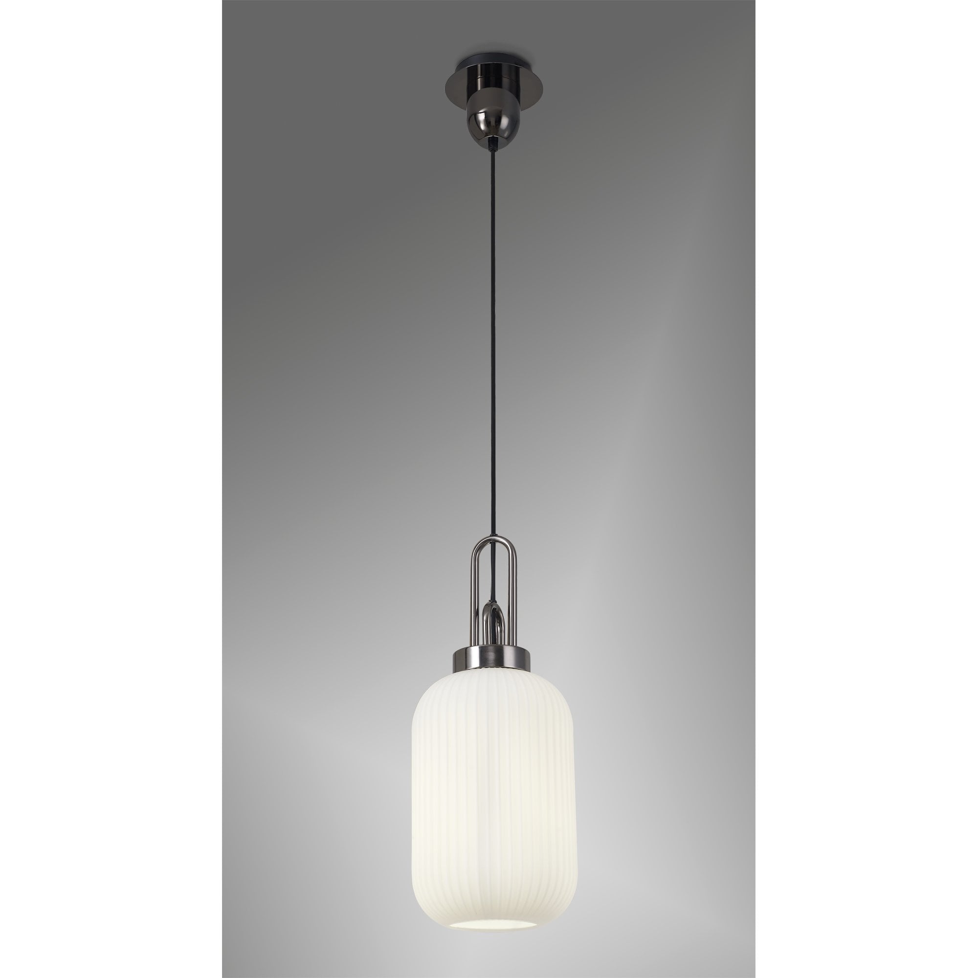 Fabula Springfield Single Pendant - 20cm Tubular Ribbed Glass Shade - Black Chrome & Opal Glass
