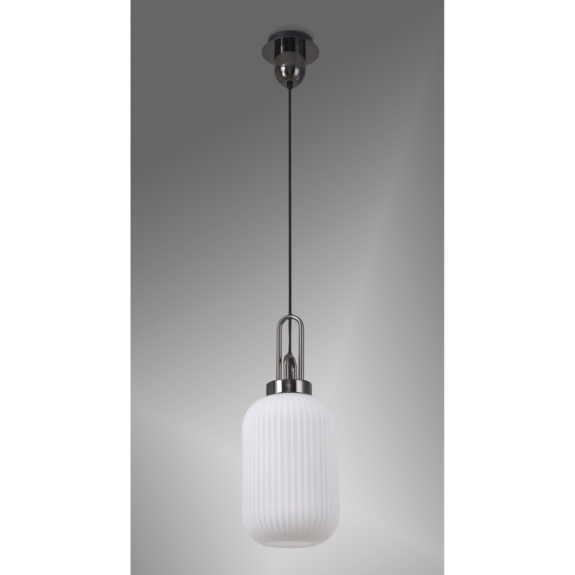 Fabula Springfield Single Pendant - 20cm Tubular Ribbed Glass Shade - Black Chrome & Opal Glass