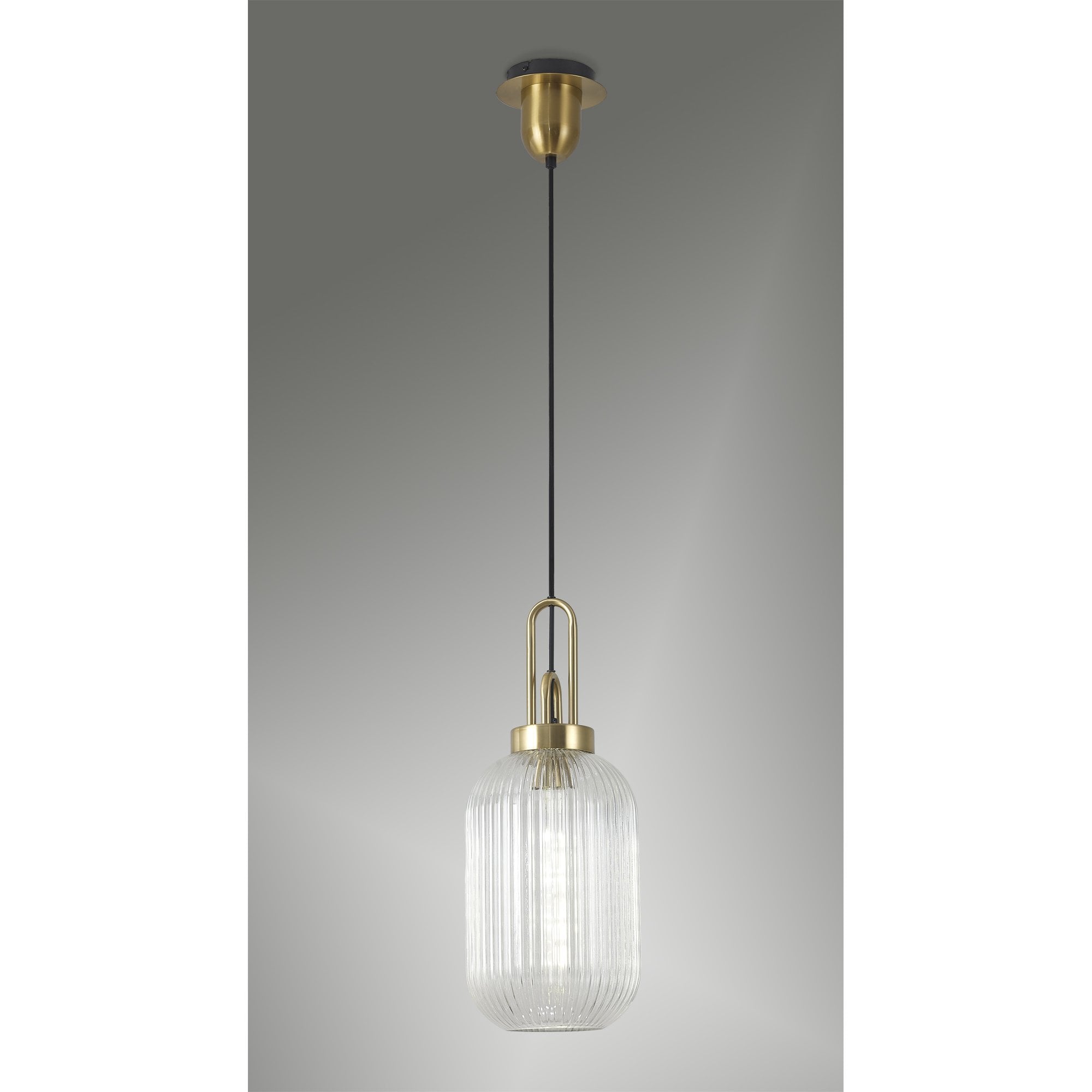 Fabula Springfield Single Pendant - 20cm Tubular Ribbed Glass Shade - Brass Gold & Clear Glass