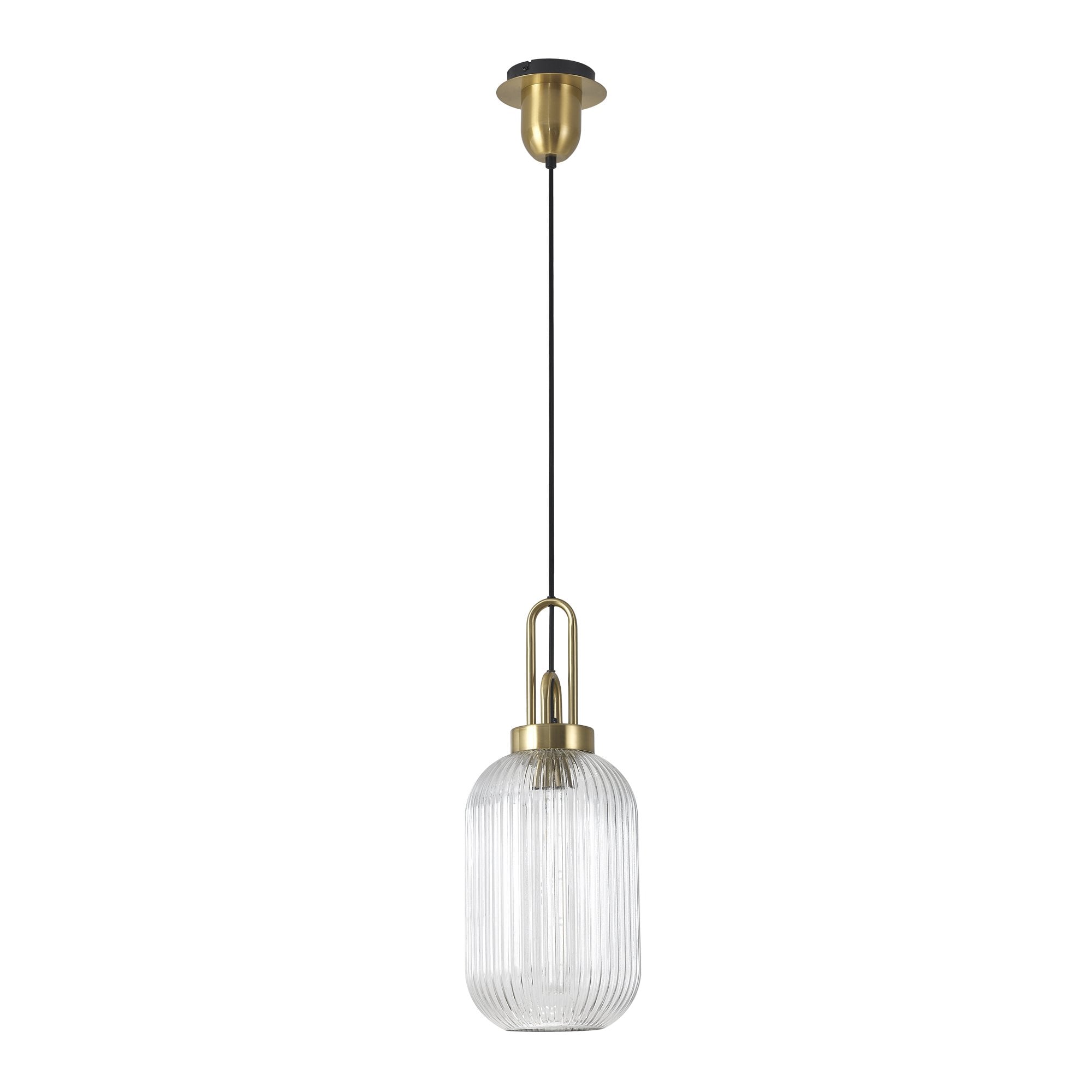Fabula Springfield Single Pendant - 20cm Tubular Ribbed Glass Shade - Brass Gold & Clear Glass
