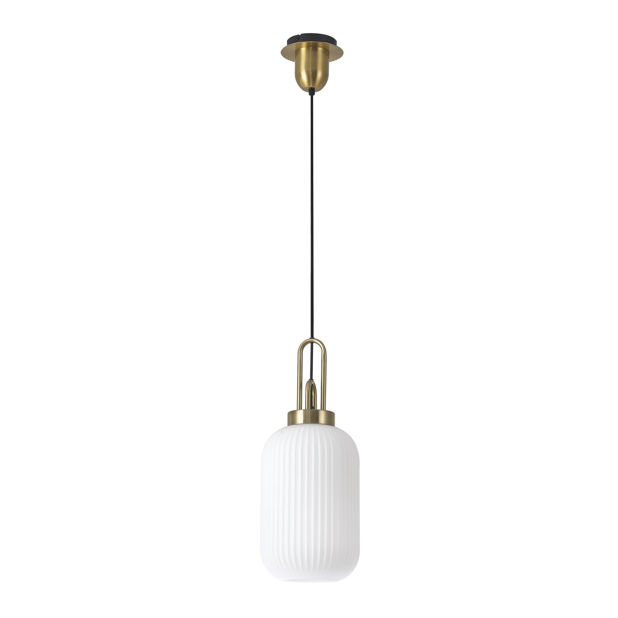Fabula Springfield Single Pendant - 20cm Tubular Ribbed Glass Shade - Brass Gold & Opal Glass