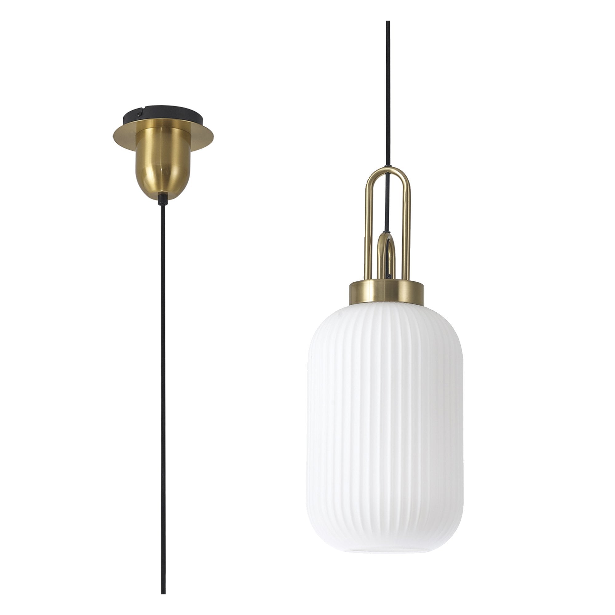 Fabula Springfield Single Pendant - 20cm Tubular Ribbed Glass Shade - Brass Gold & Opal Glass