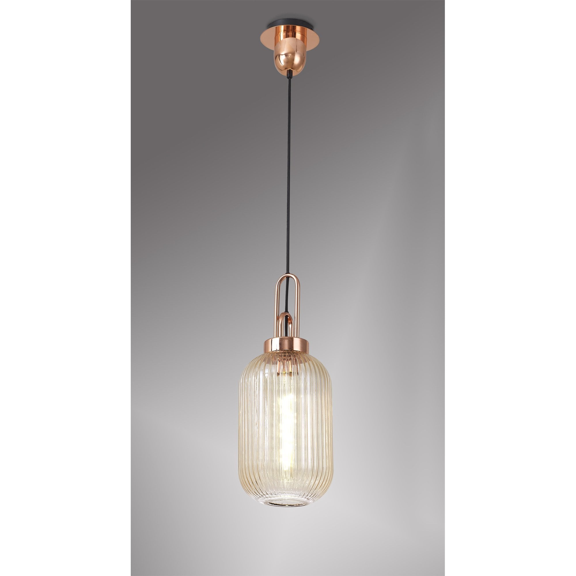 Fabula Springfield Single Pendant - 20cm Tubular Ribbed Glass Shade - Copper & Champagne Glass