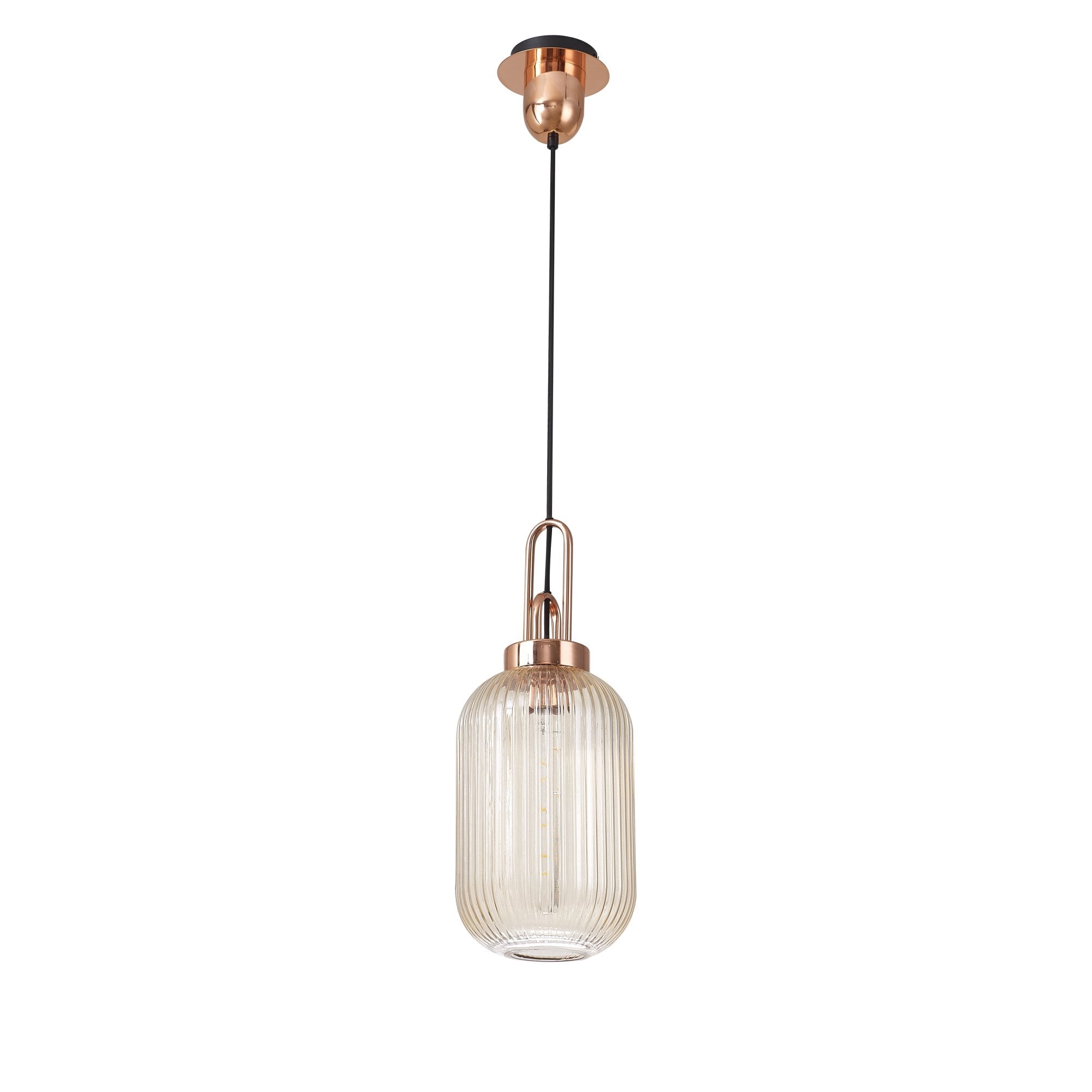 Fabula Springfield Single Pendant - 20cm Tubular Ribbed Glass Shade - Copper & Champagne Glass