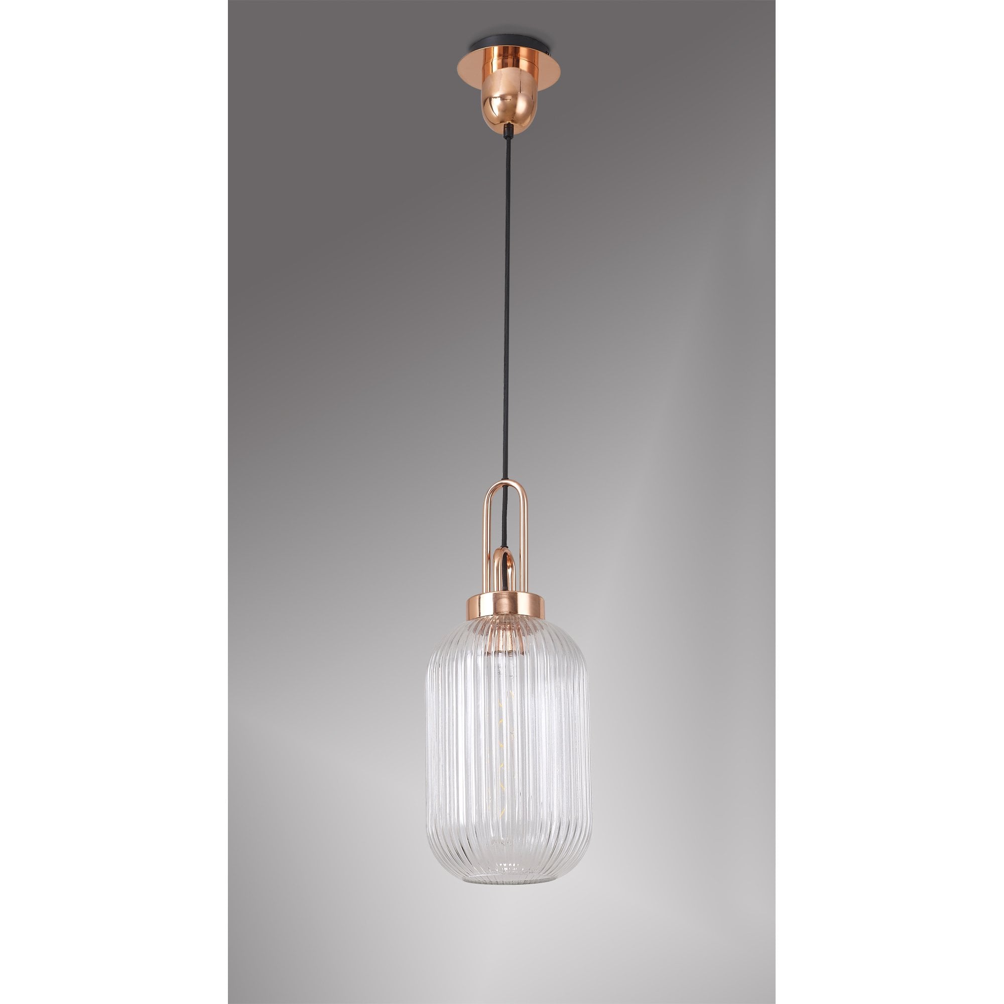 Fabula Springfield Single Pendant - 20cm Tubular Ribbed Glass Shade - Copper & Clear Glass