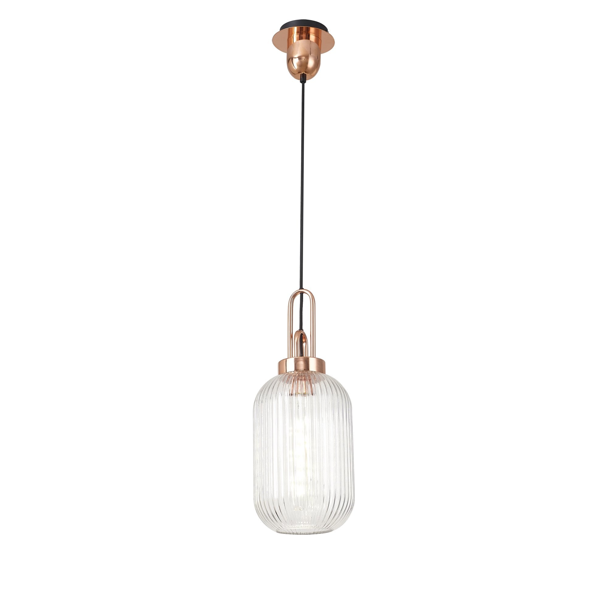 Fabula Springfield Single Pendant - 20cm Tubular Ribbed Glass Shade - Copper & Clear Glass