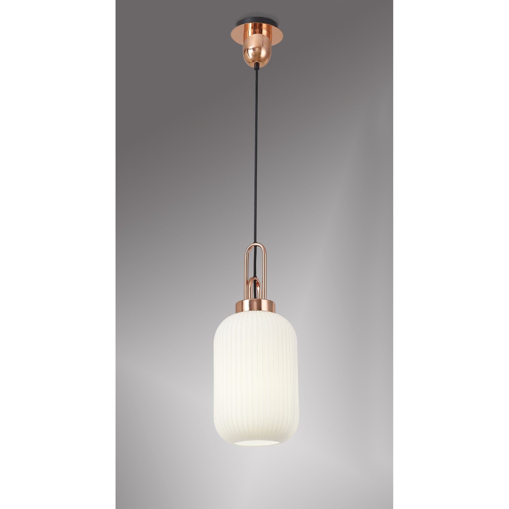 Fabula Springfield Single Pendant - 20cm Tubular Ribbed Glass Shade - Copper & Opal Glass