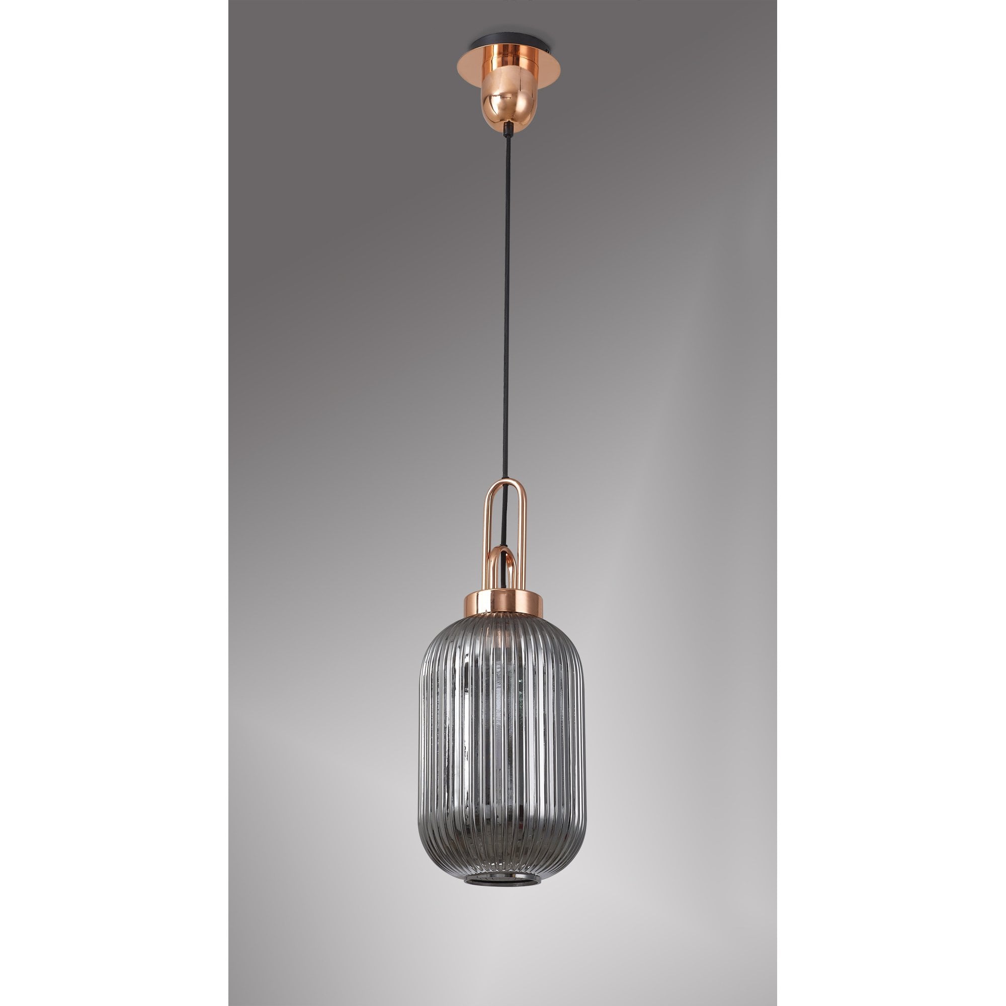 Fabula Springfield Single Pendant - 20cm Tubular Ribbed Glass Shade - Copper & Smoked Glass