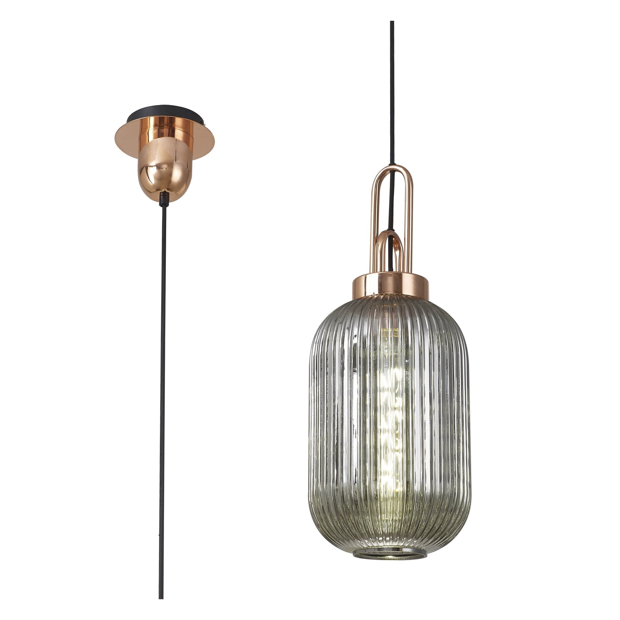 Fabula Springfield Single Pendant - 20cm Tubular Ribbed Glass Shade - Copper & Smoked Glass