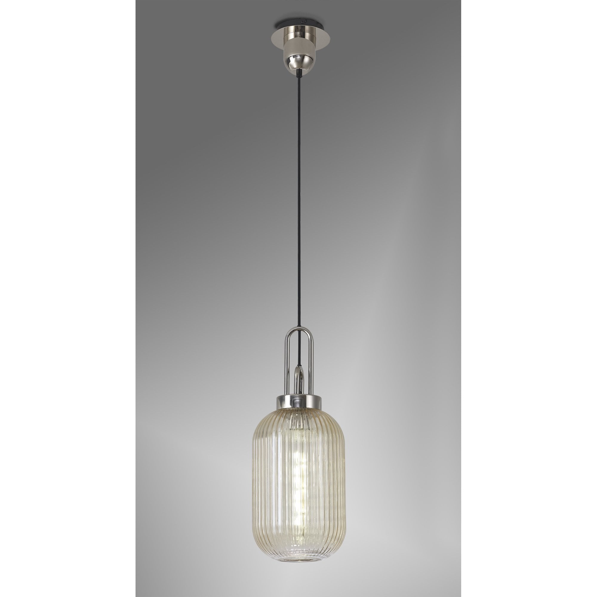 Fabula Springfield Single Pendant - 20cm Tubular Ribbed Glass Shade - Polished Nickel & Champagne Glass