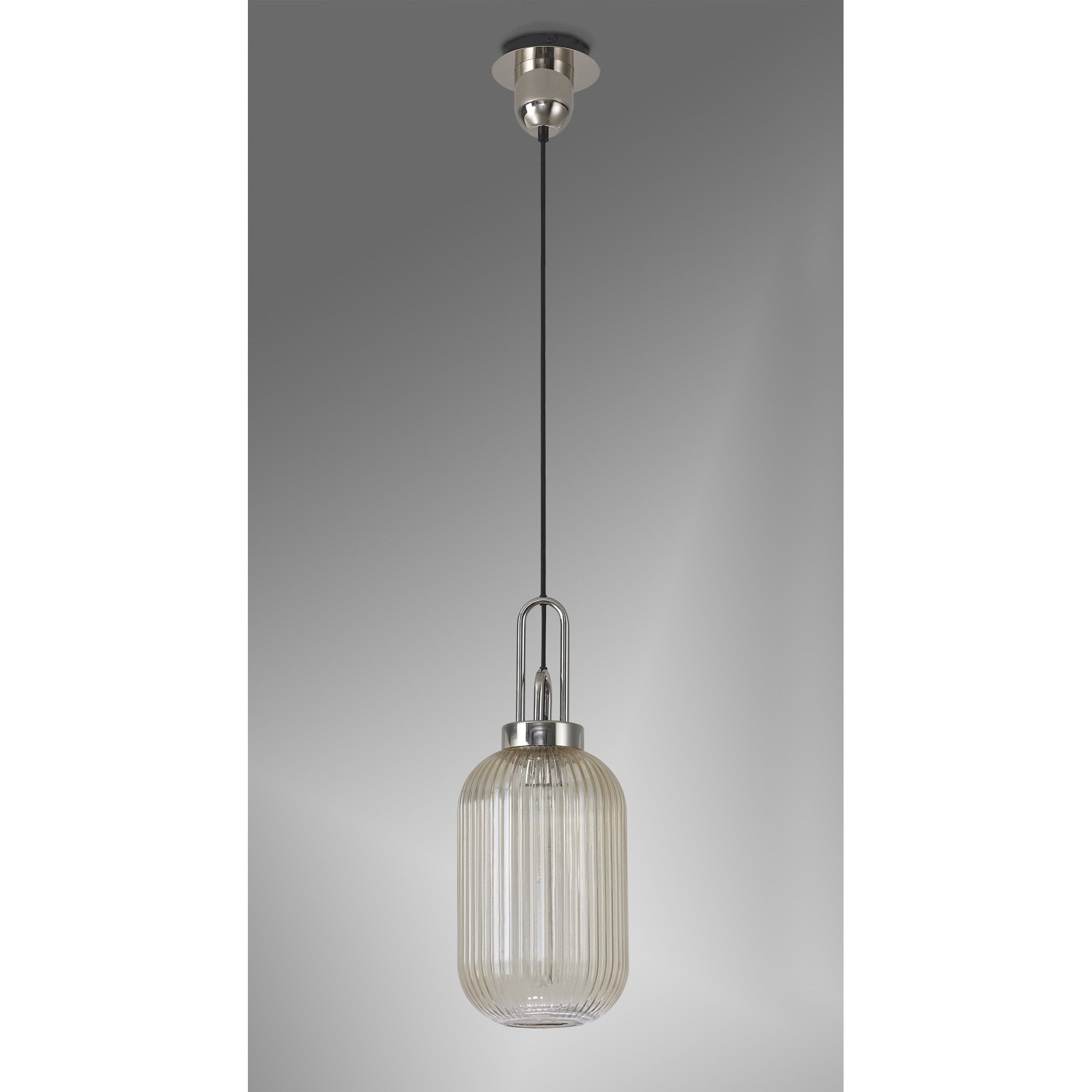 Fabula Springfield Single Pendant - 20cm Tubular Ribbed Glass Shade - Polished Nickel & Champagne Glass