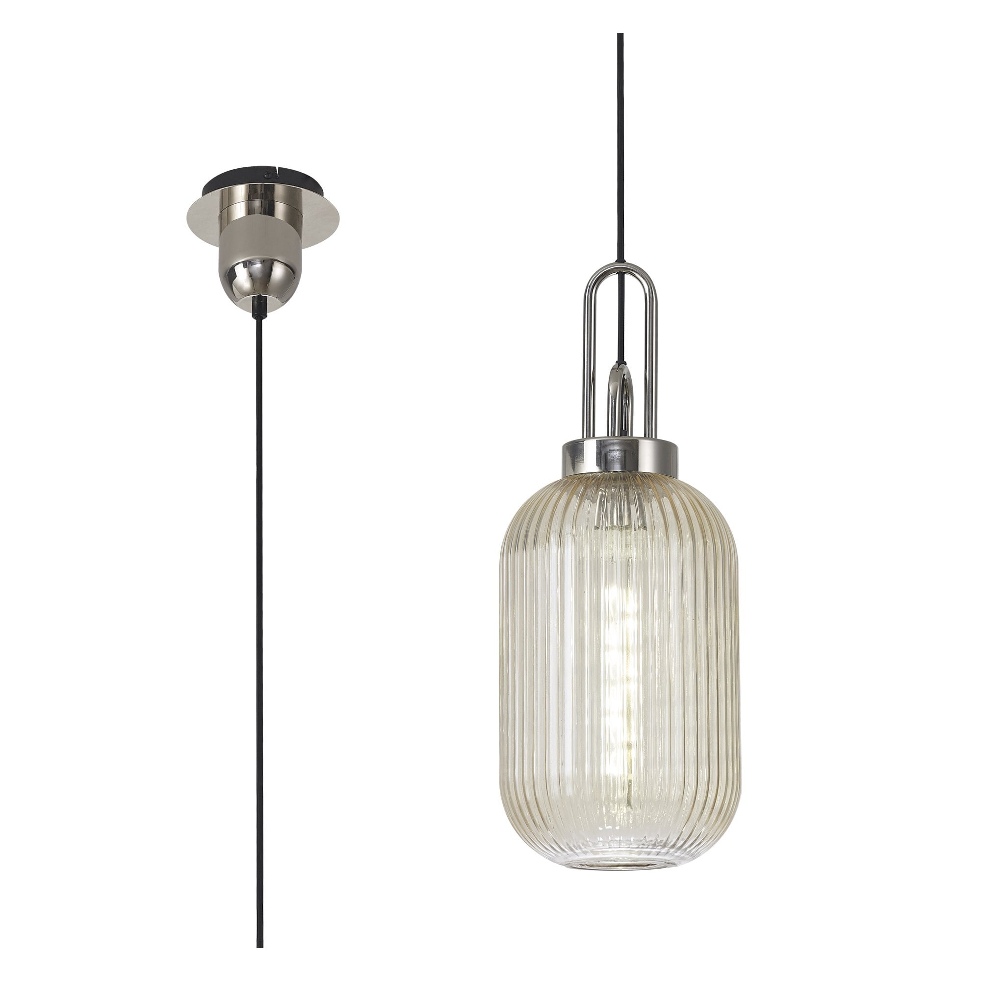 Fabula Springfield Single Pendant - 20cm Tubular Ribbed Glass Shade - Polished Nickel & Champagne Glass