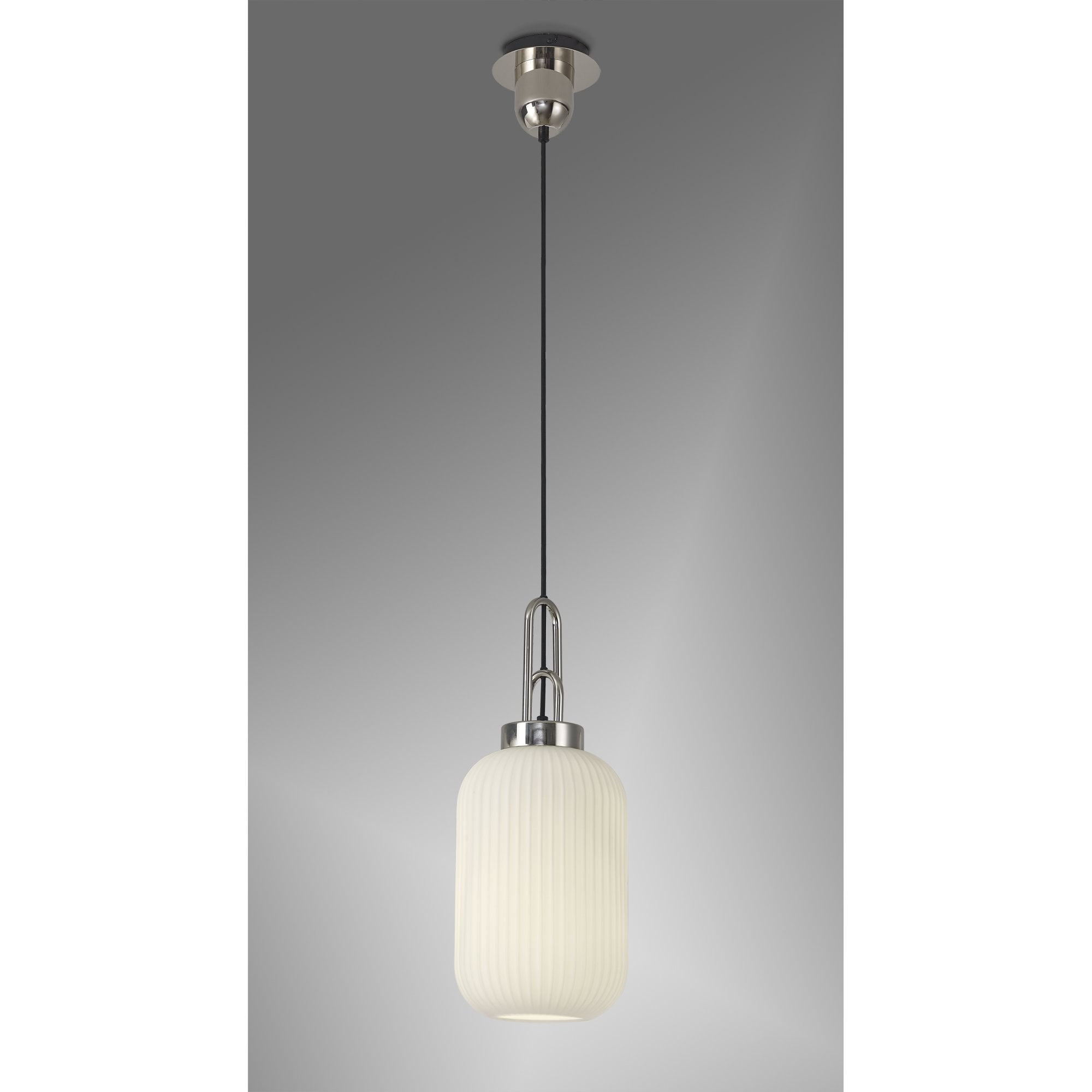 Fabula Springfield Single Pendant - 20cm Tubular Ribbed Glass Shade - Polished Nickel & Opal Glass