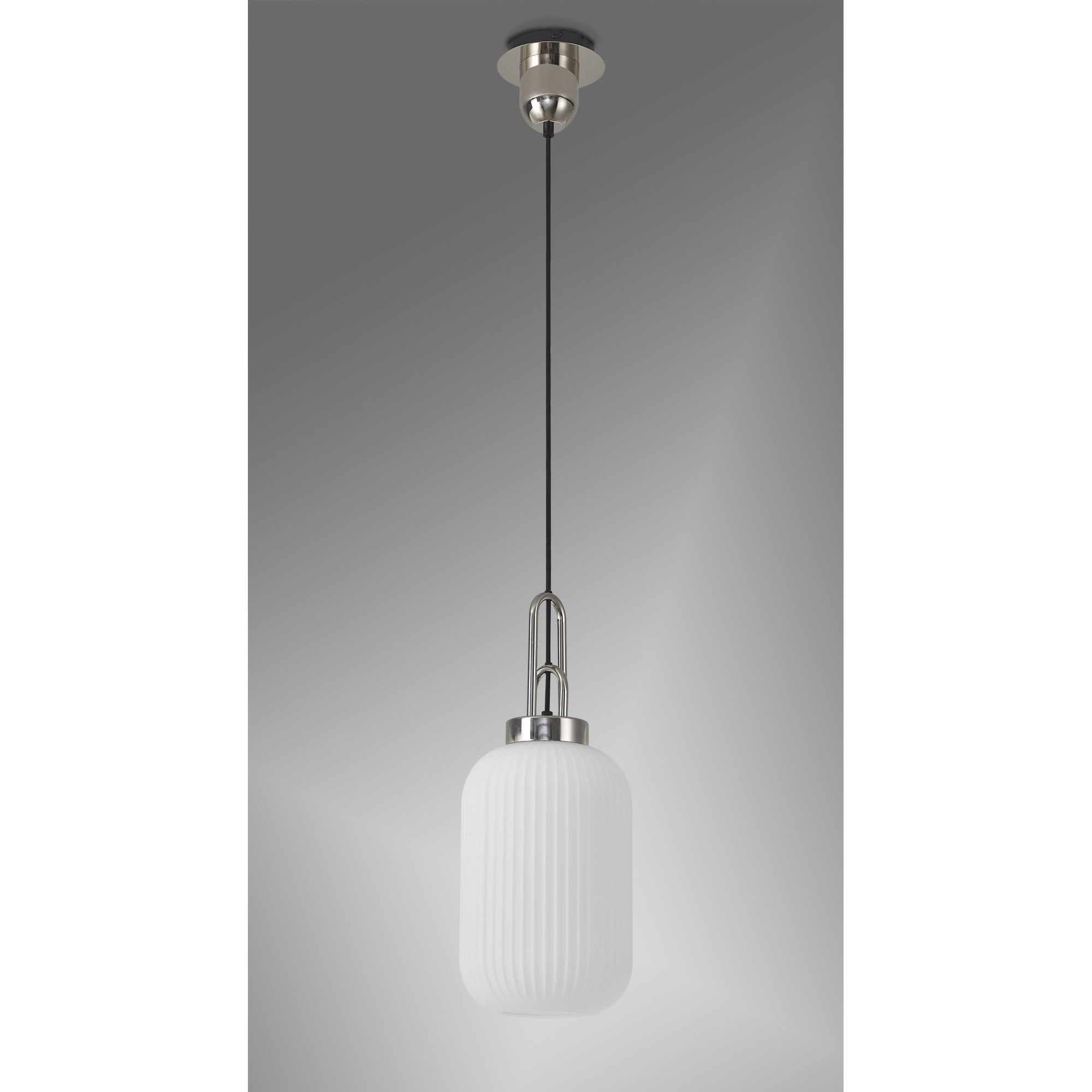 Fabula Springfield Single Pendant - 20cm Tubular Ribbed Glass Shade - Polished Nickel & Opal Glass