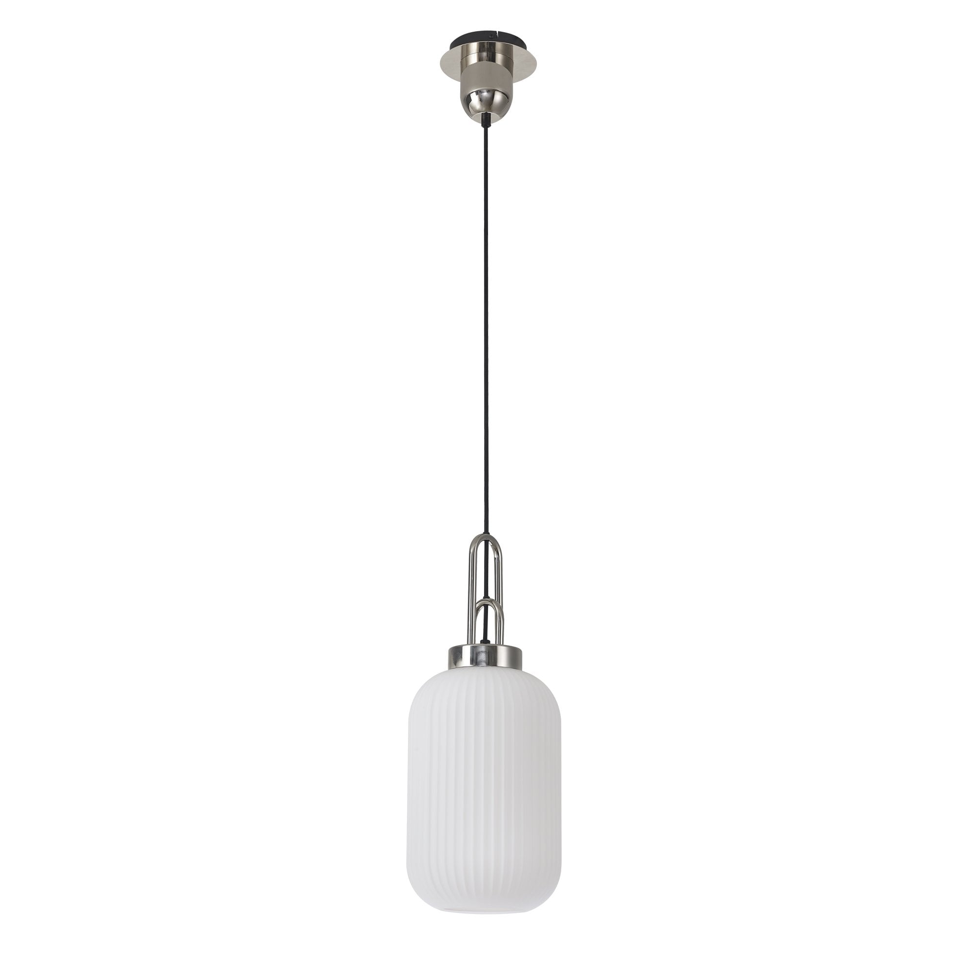Fabula Springfield Single Pendant - 20cm Tubular Ribbed Glass Shade - Polished Nickel & Opal Glass
