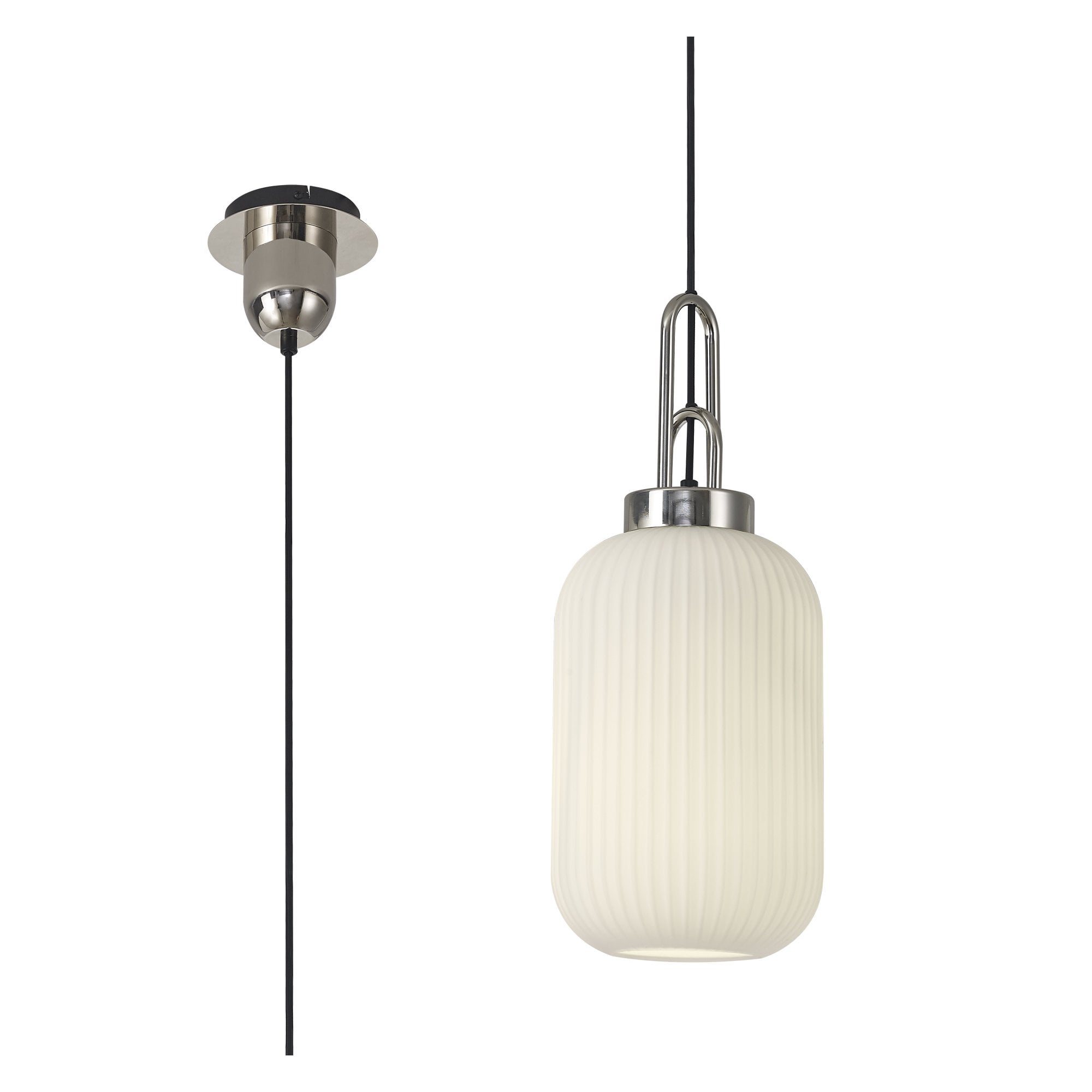 Fabula Springfield Single Pendant - 20cm Tubular Ribbed Glass Shade - Polished Nickel & Opal Glass