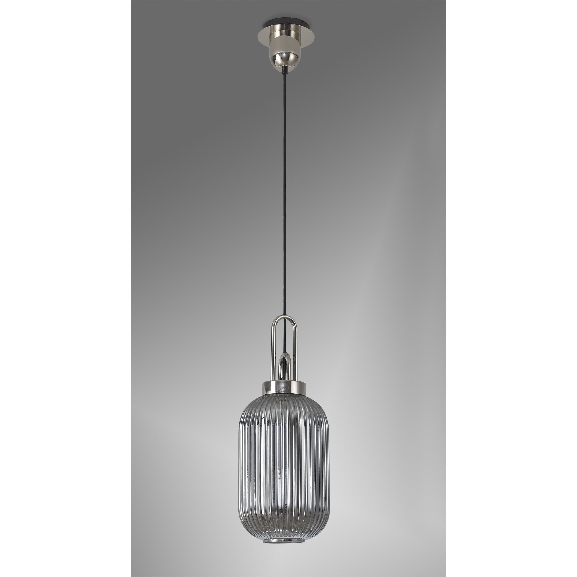 Fabula Springfield Single Pendant - 20cm Tubular Ribbed Glass Shade - Polished Nickel & Smoked Glass