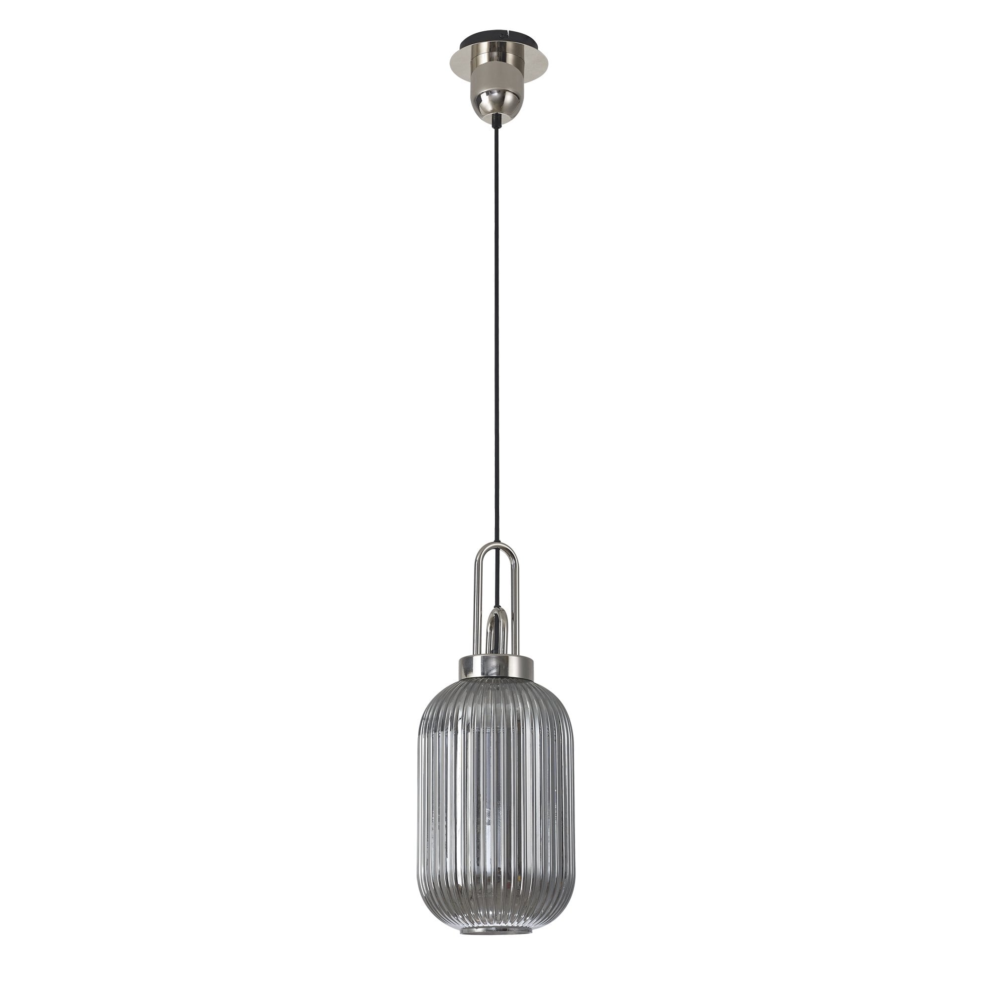 Fabula Springfield Single Pendant - 20cm Tubular Ribbed Glass Shade - Polished Nickel & Smoked Glass