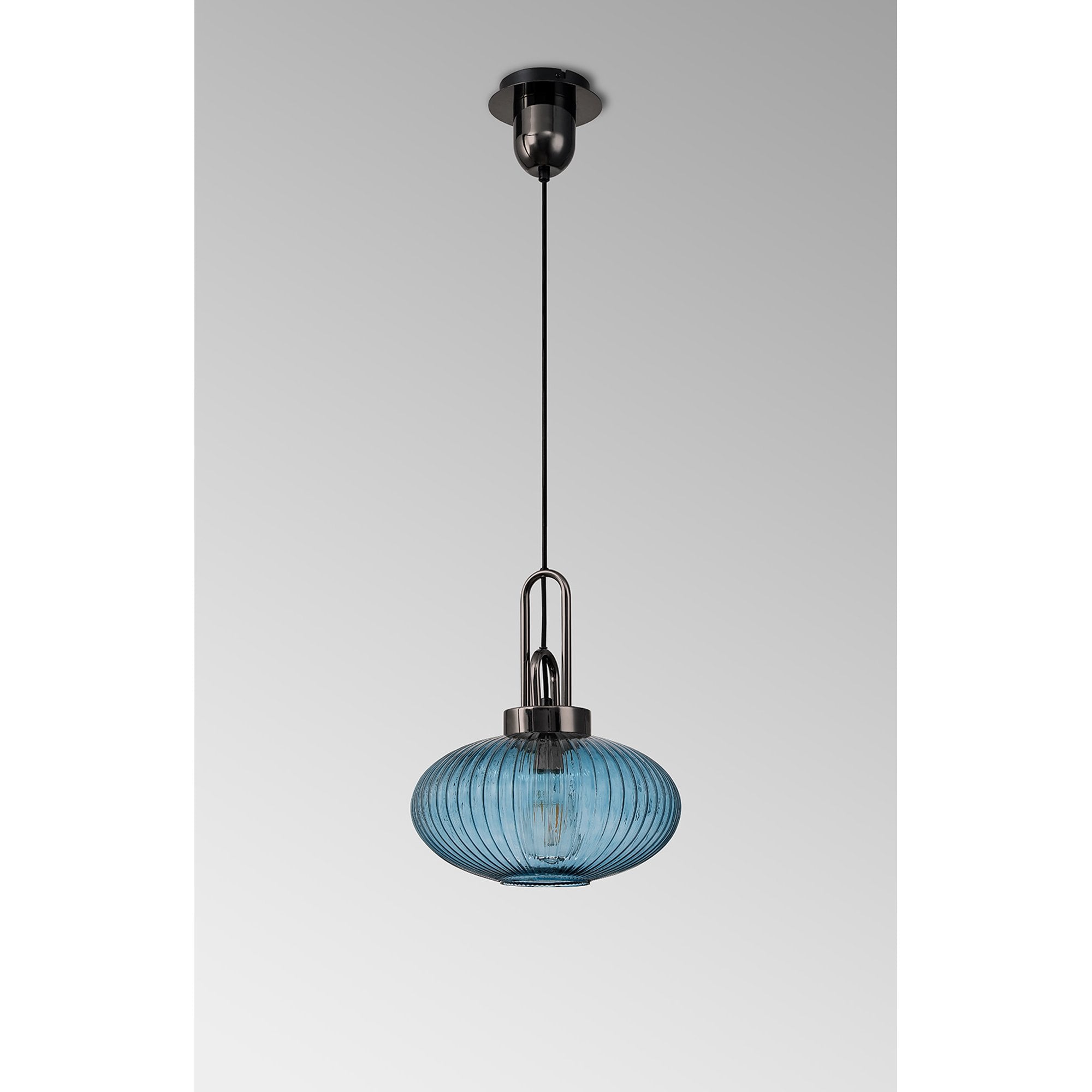 Fabula Springfield Single Pendant - 30cm Oval Sphere Ribbed Glass Shade - Black Chrome & Petrol Blue Glass