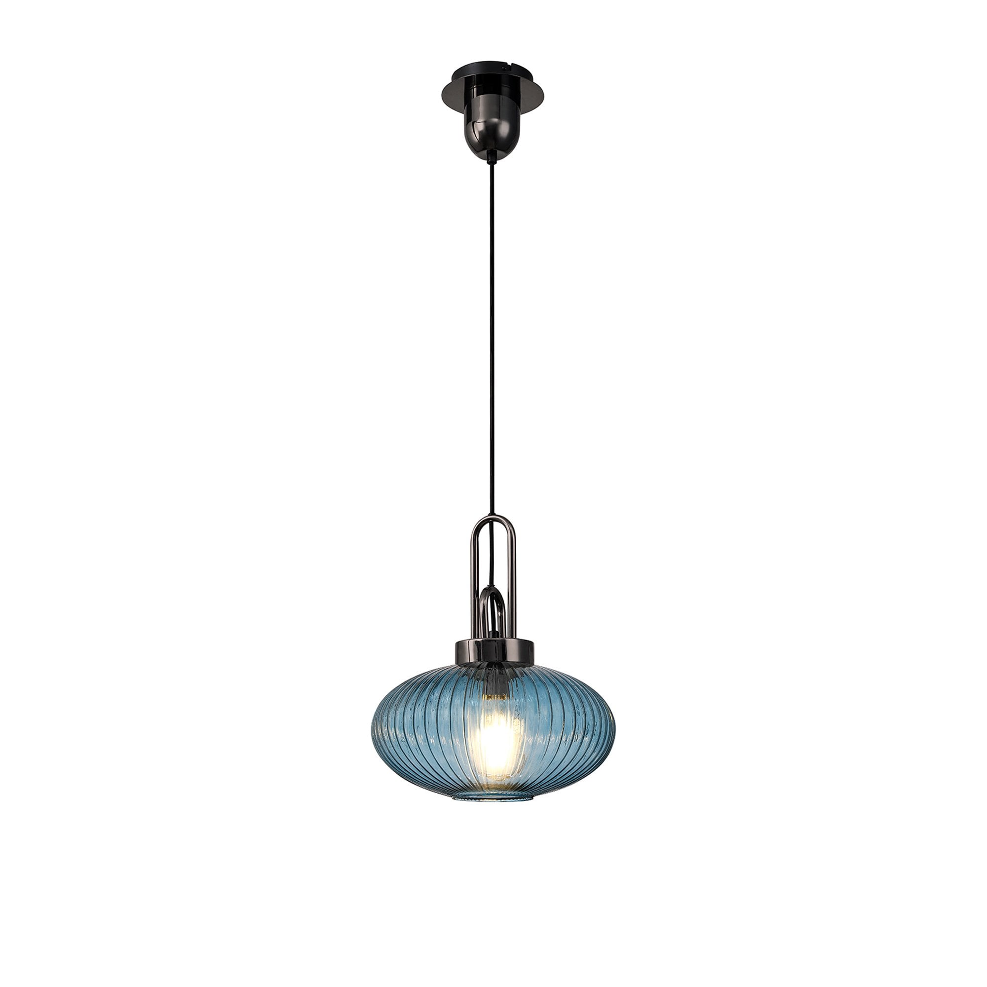 Fabula Springfield Single Pendant - 30cm Oval Sphere Ribbed Glass Shade - Black Chrome & Petrol Blue Glass