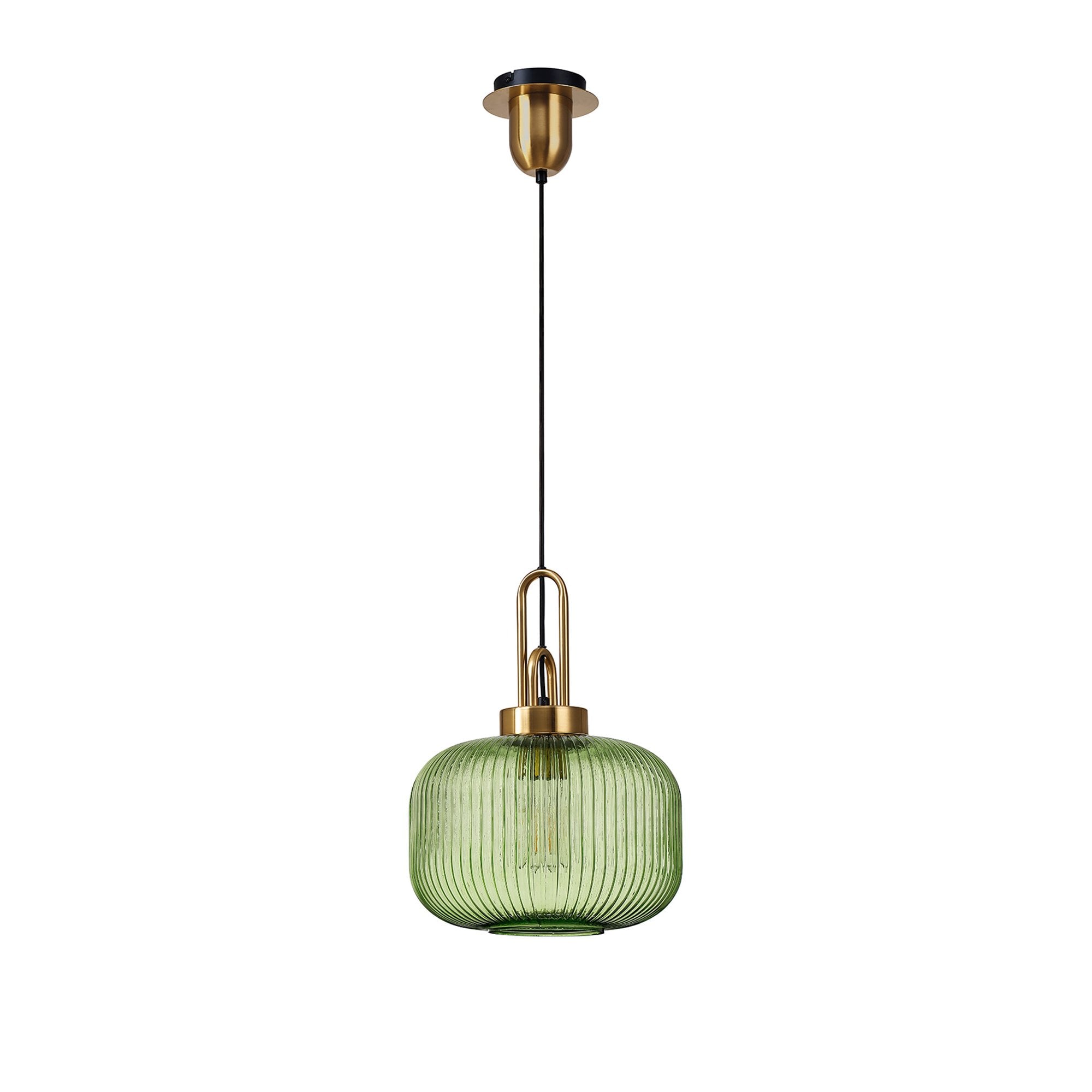 Fabula Springfield Single Pendant - 30cm Pumpkin Ribbed Glass Shade - Brass Gold & Green Glass