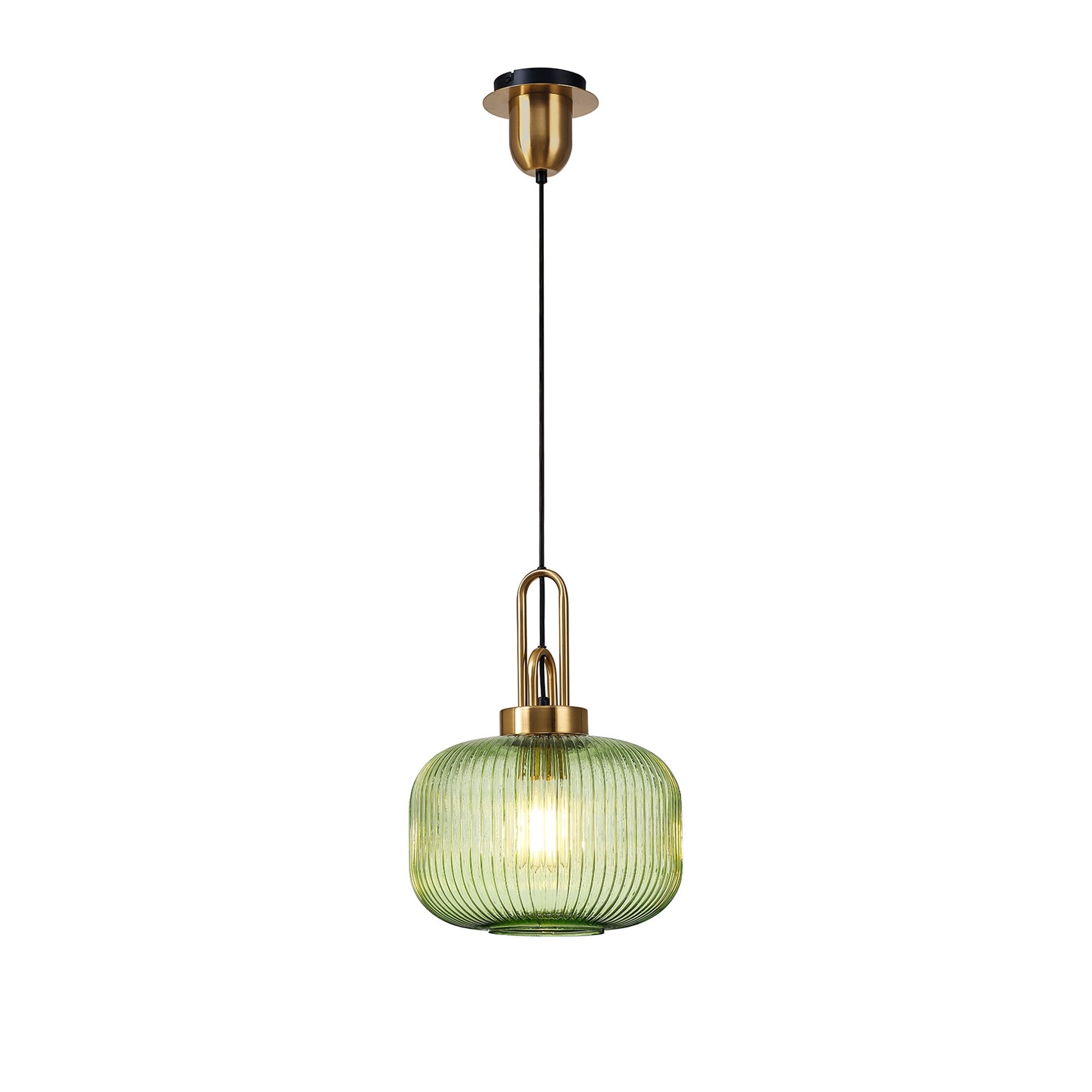 Fabula Springfield Single Pendant - 30cm Pumpkin Ribbed Glass Shade - Brass Gold & Green Glass