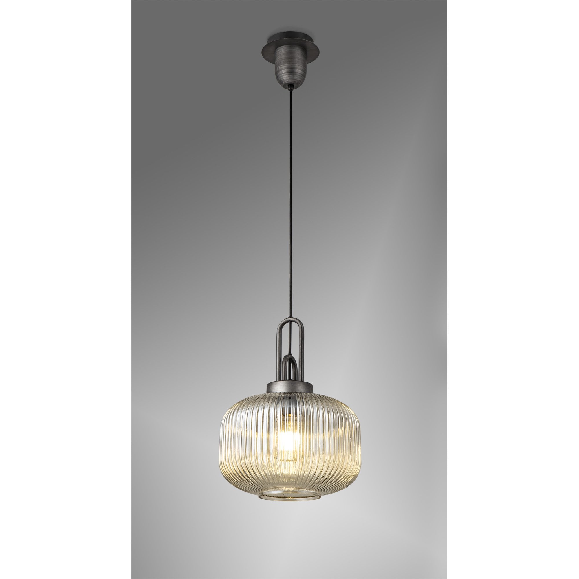 Fabula Springfield Single Pendant - 30cm Pumpkin Shaped Ribbed Glass Shade - Aged Pewter & Champagne Glass