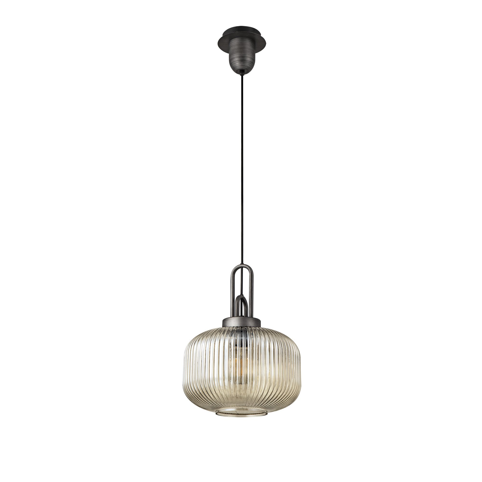 Fabula Springfield Single Pendant - 30cm Pumpkin Shaped Ribbed Glass Shade - Aged Pewter & Champagne Glass
