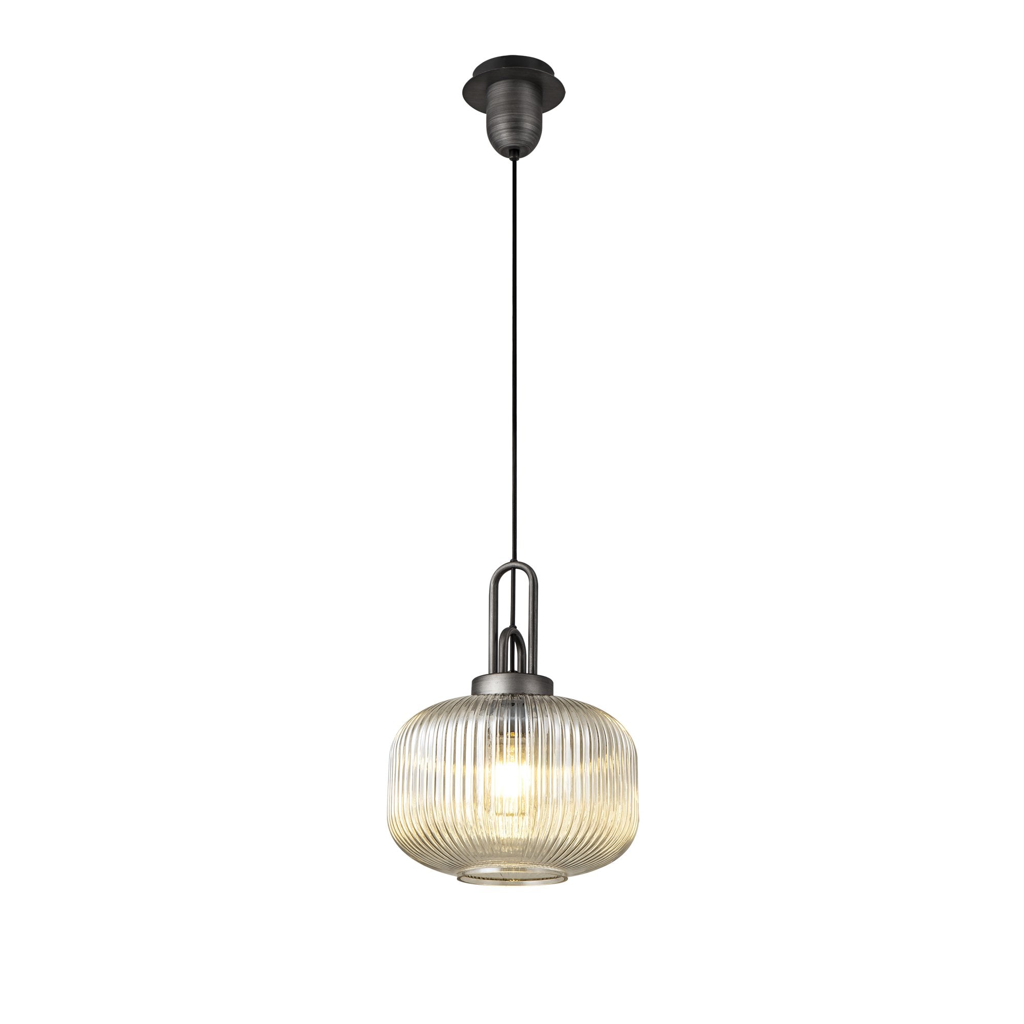 Fabula Springfield Single Pendant - 30cm Pumpkin Shaped Ribbed Glass Shade - Aged Pewter & Champagne Glass