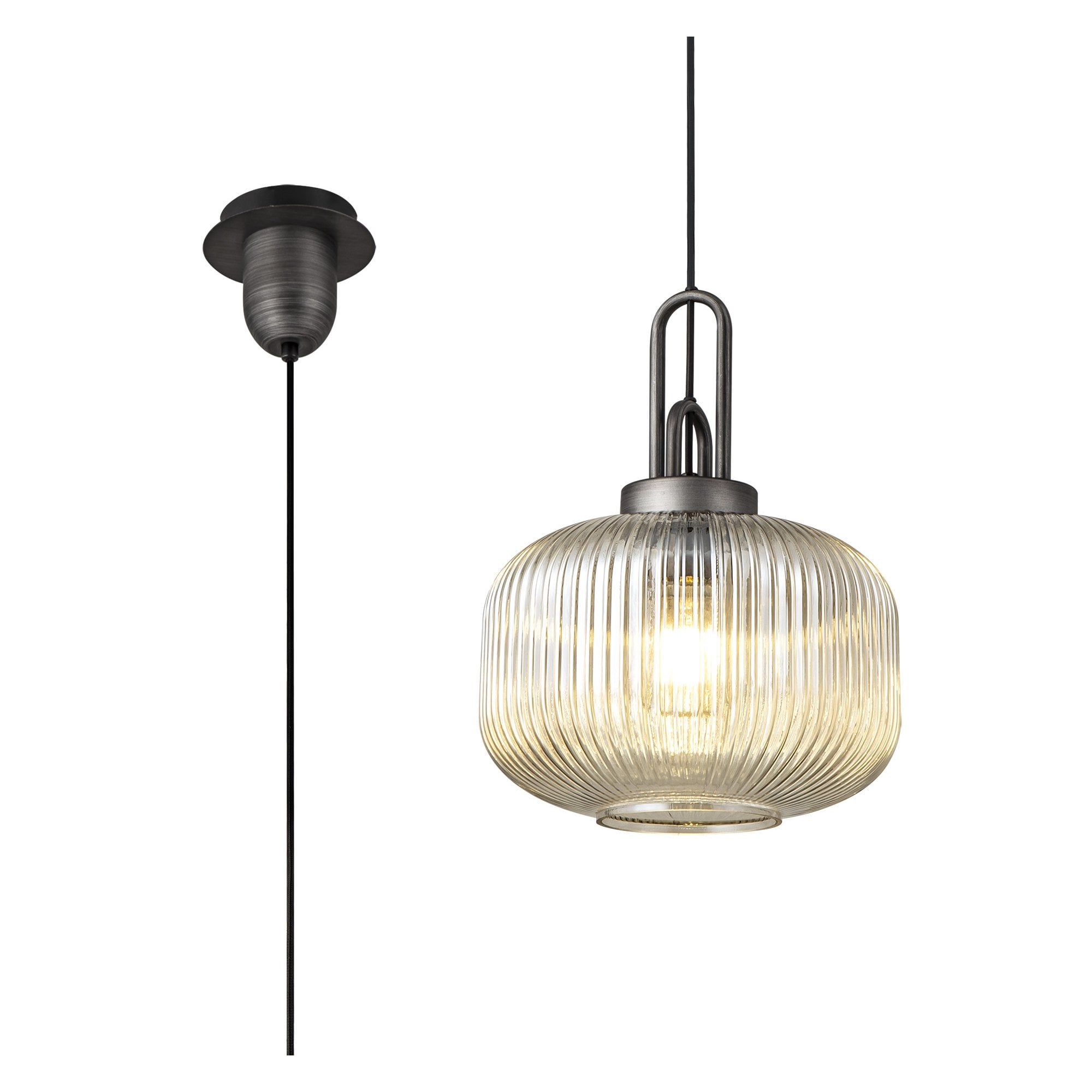Fabula Springfield Single Pendant - 30cm Pumpkin Shaped Ribbed Glass Shade - Aged Pewter & Champagne Glass