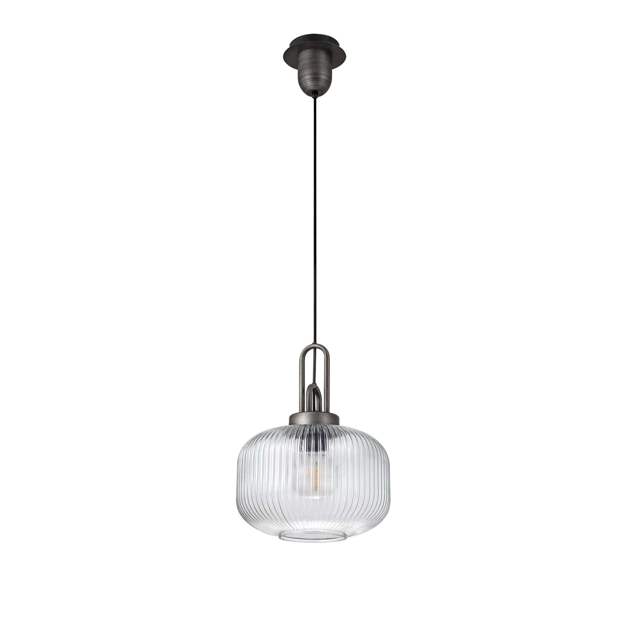 Fabula Springfield Single Pendant - 30cm Pumpkin Shaped Ribbed Glass Shade - Aged Pewter & Clear Glass