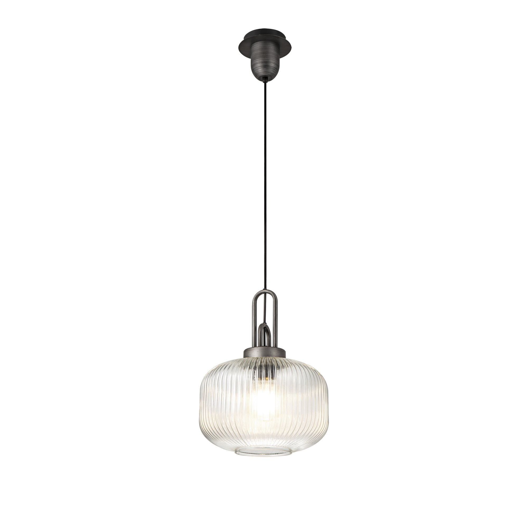 Fabula Springfield Single Pendant - 30cm Pumpkin Shaped Ribbed Glass Shade - Aged Pewter & Clear Glass