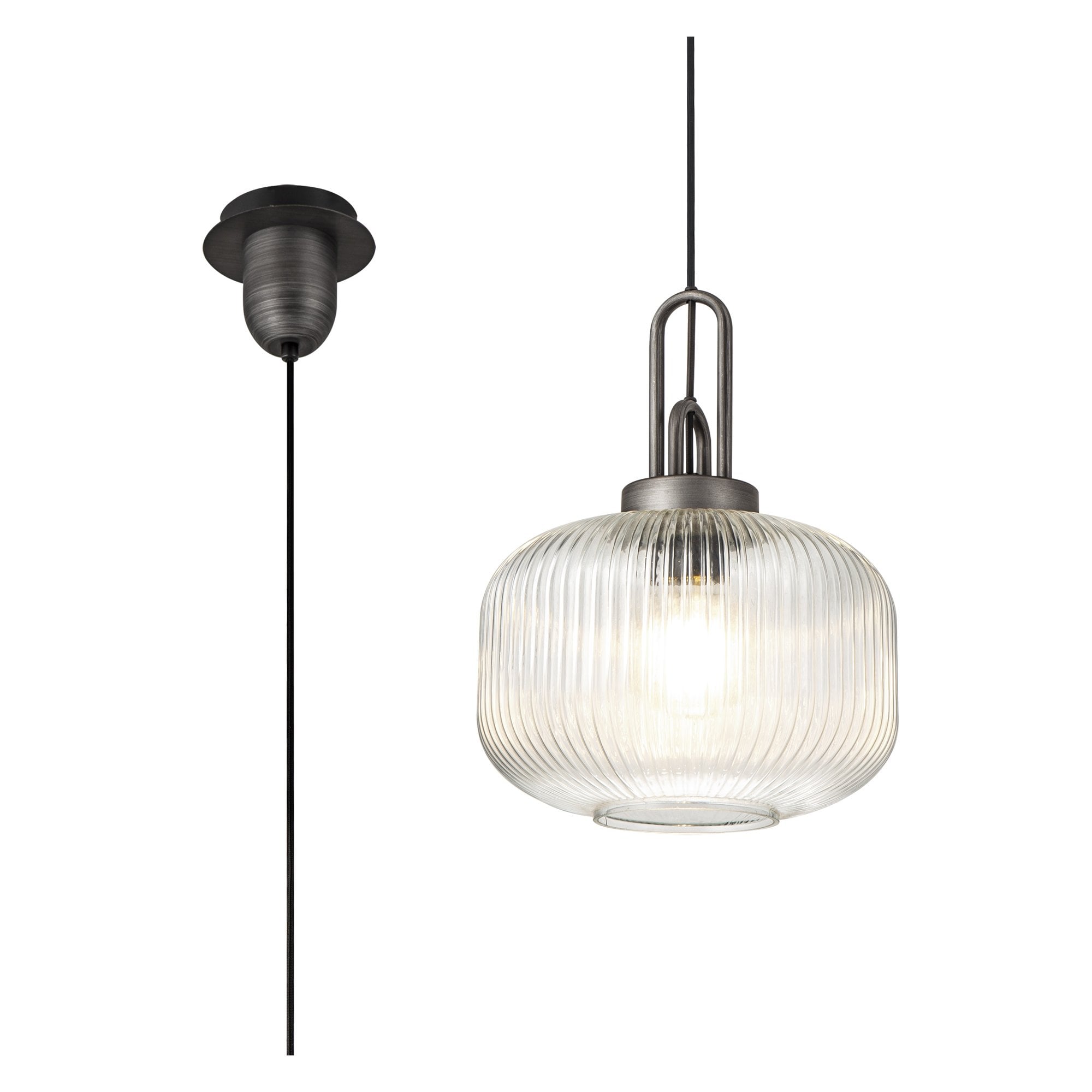 Fabula Springfield Single Pendant - 30cm Pumpkin Shaped Ribbed Glass Shade - Aged Pewter & Clear Glass