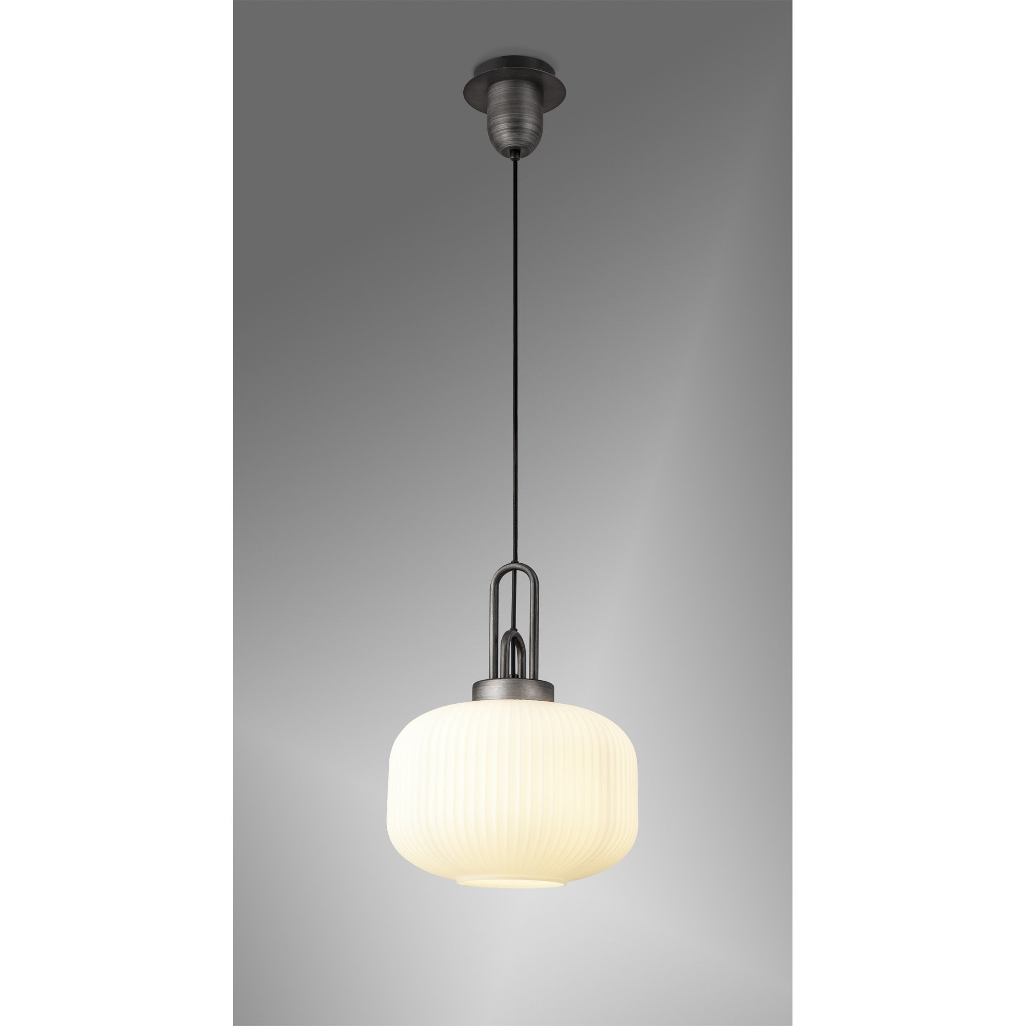 Fabula Springfield Single Pendant - 30cm Pumpkin Shaped Ribbed Glass Shade - Aged Pewter & Opal Glass
