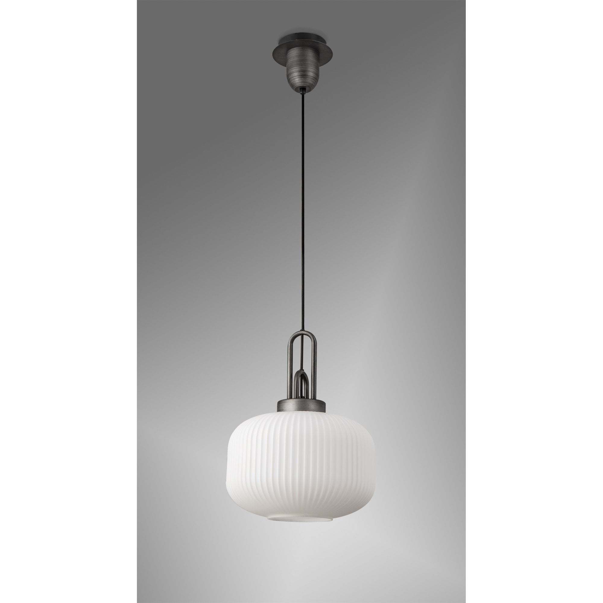 Fabula Springfield Single Pendant - 30cm Pumpkin Shaped Ribbed Glass Shade - Aged Pewter & Opal Glass