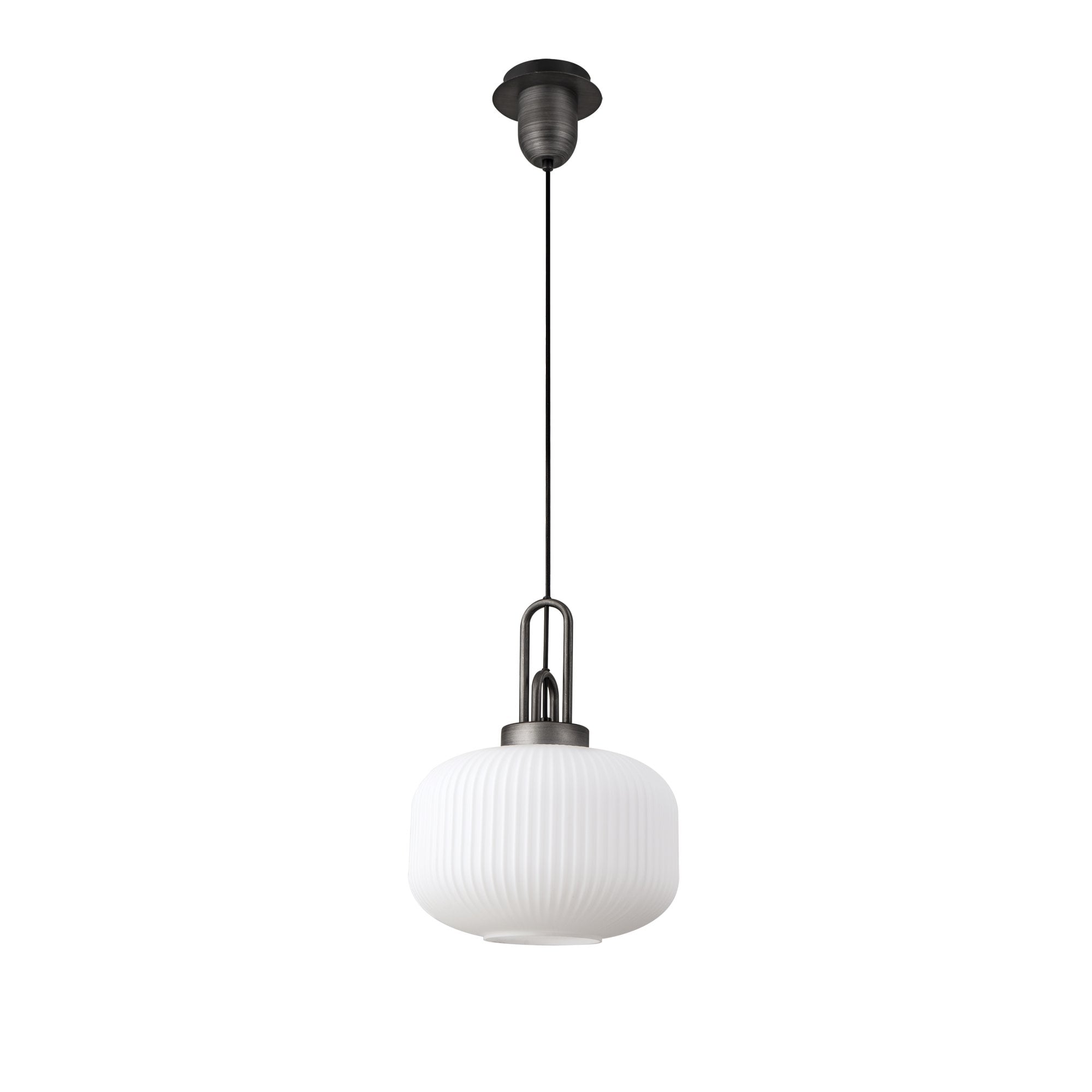 Fabula Springfield Single Pendant - 30cm Pumpkin Shaped Ribbed Glass Shade - Aged Pewter & Opal Glass