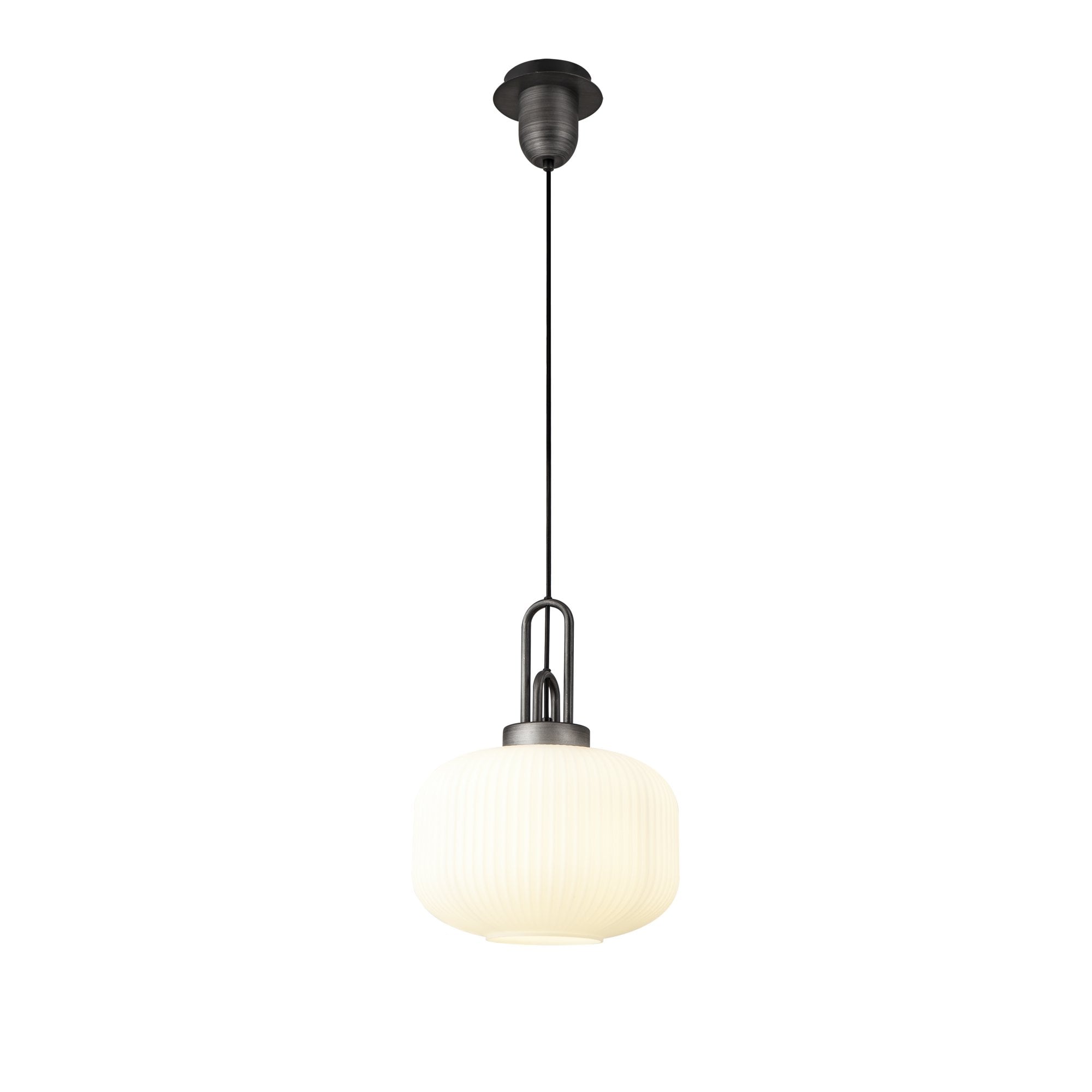 Fabula Springfield Single Pendant - 30cm Pumpkin Shaped Ribbed Glass Shade - Aged Pewter & Opal Glass