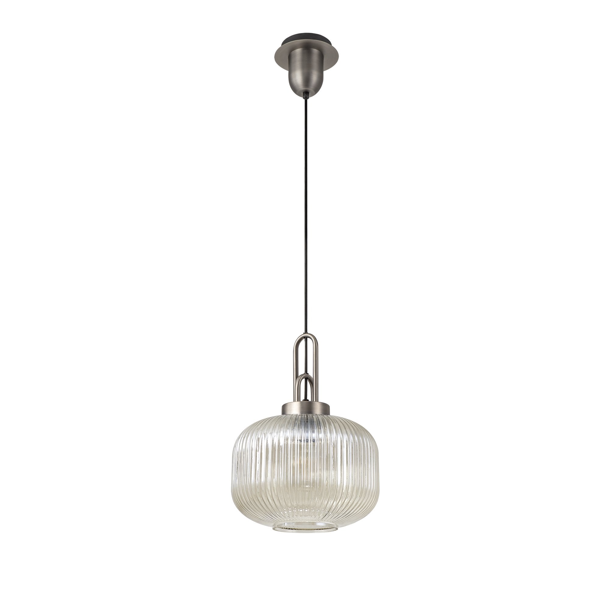 Fabula Springfield Single Pendant - 30cm Pumpkin Shaped Ribbed Glass Shade - Antique Silver & Champagne Glass