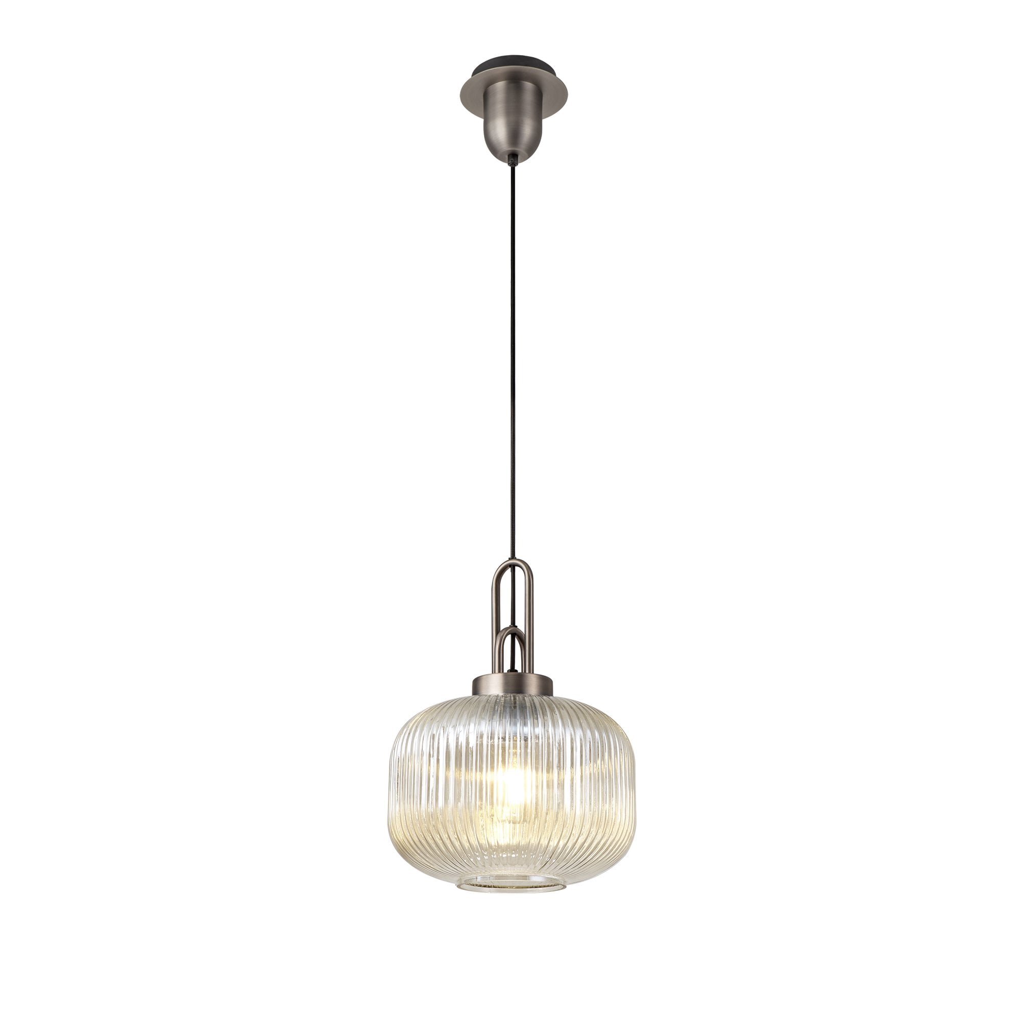Fabula Springfield Single Pendant - 30cm Pumpkin Shaped Ribbed Glass Shade - Antique Silver & Champagne Glass