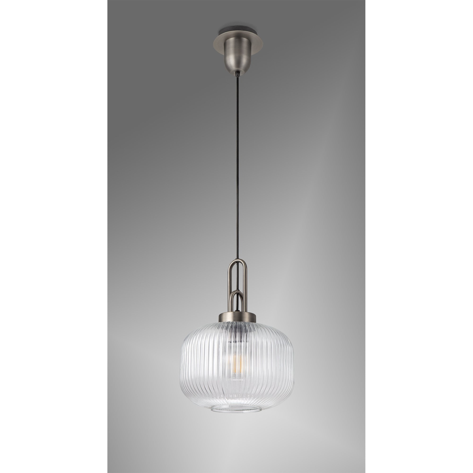 Fabula Springfield Single Pendant - 30cm Pumpkin Shaped Ribbed Glass Shade - Antique Silver & Clear Glass