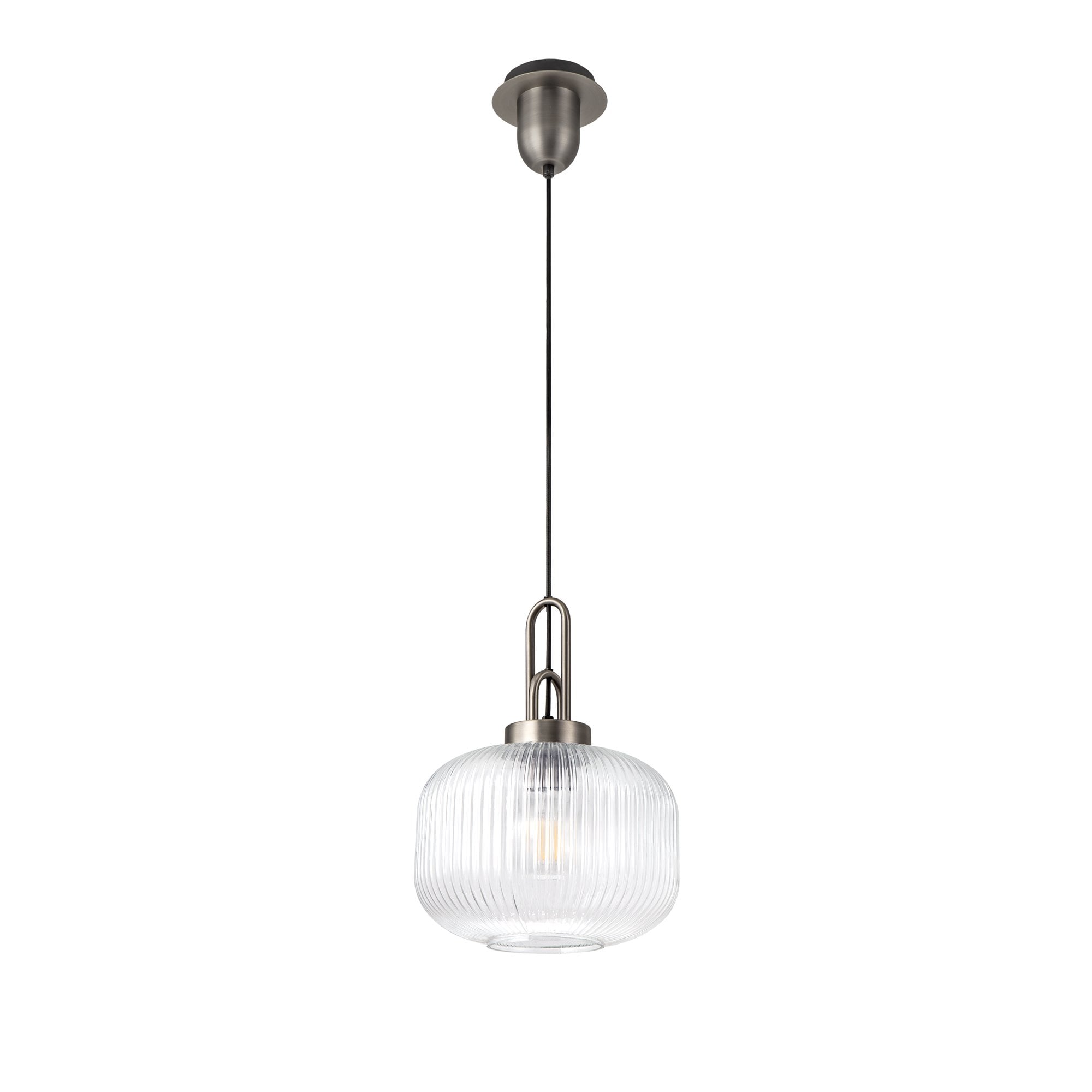Fabula Springfield Single Pendant - 30cm Pumpkin Shaped Ribbed Glass Shade - Antique Silver & Clear Glass