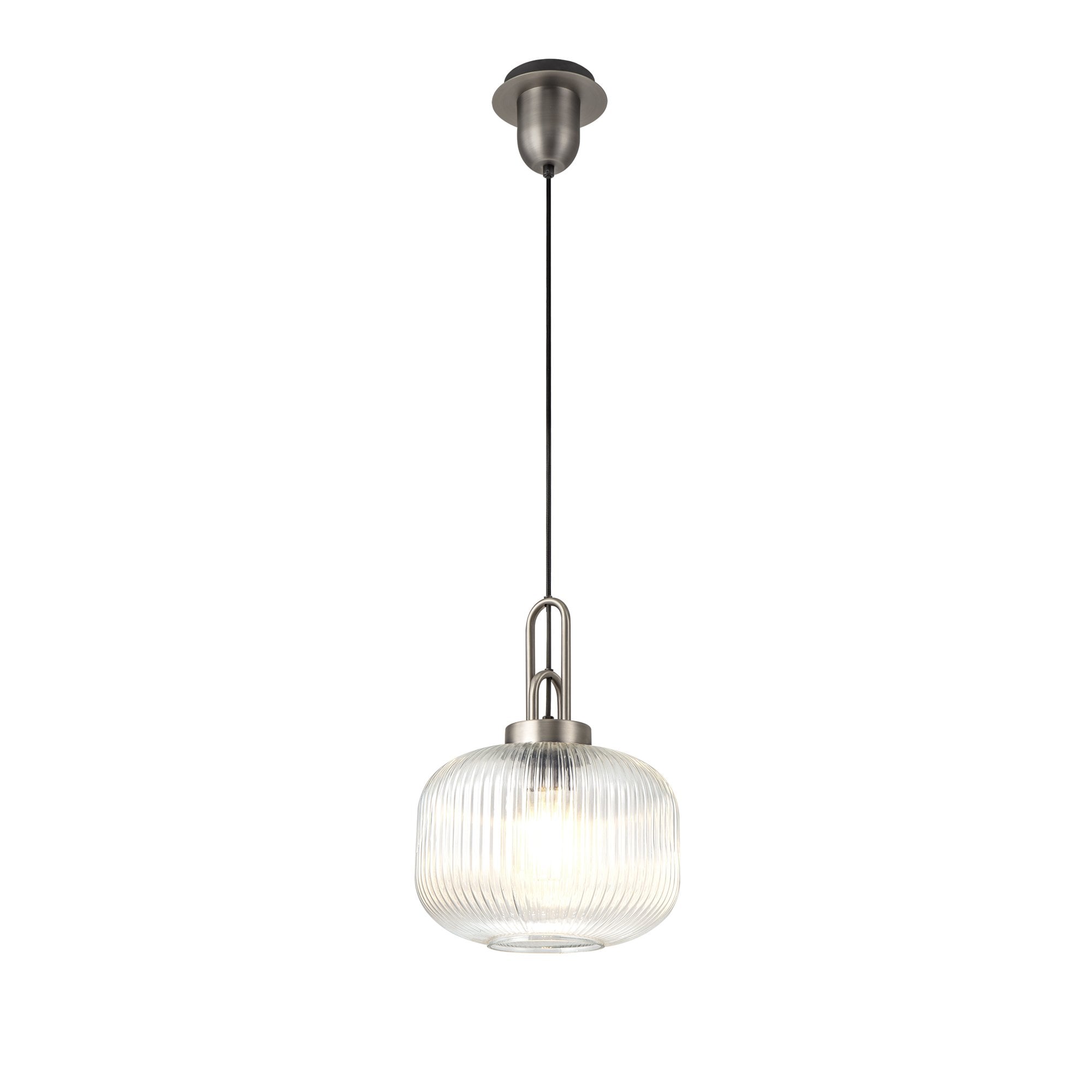 Fabula Springfield Single Pendant - 30cm Pumpkin Shaped Ribbed Glass Shade - Antique Silver & Clear Glass