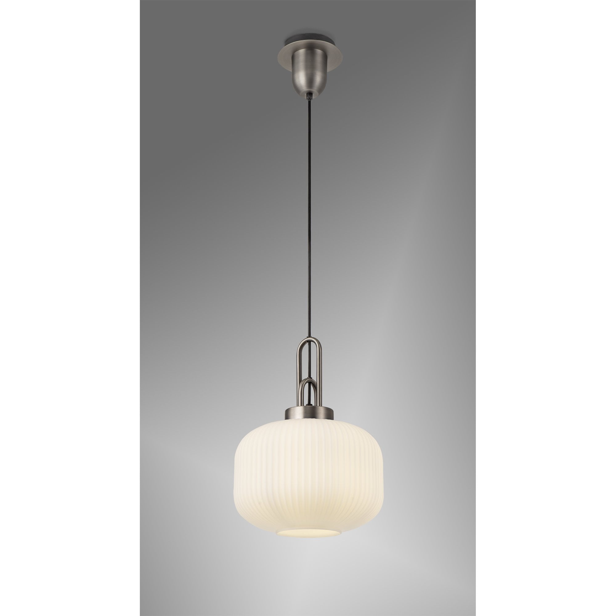 Fabula Springfield Single Pendant - 30cm Pumpkin Shaped Ribbed Glass Shade - Antique Silver & Opal Glass