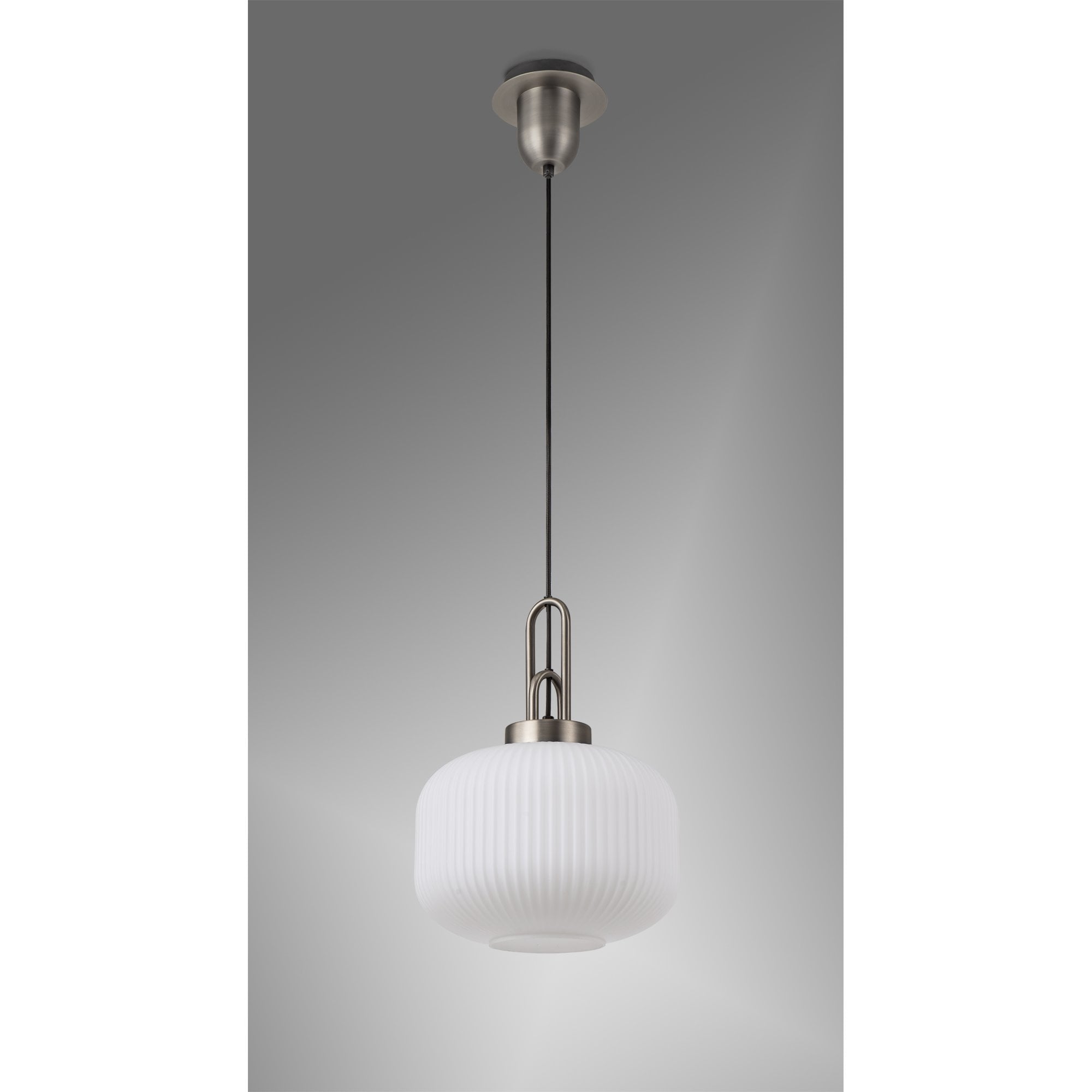Fabula Springfield Single Pendant - 30cm Pumpkin Shaped Ribbed Glass Shade - Antique Silver & Opal Glass