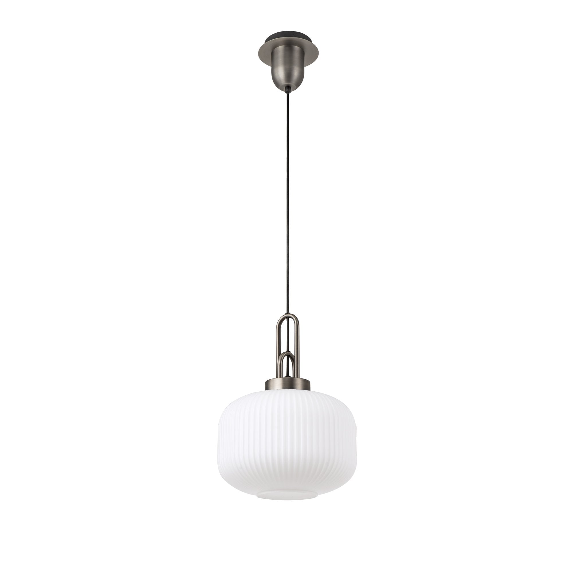 Fabula Springfield Single Pendant - 30cm Pumpkin Shaped Ribbed Glass Shade - Antique Silver & Opal Glass