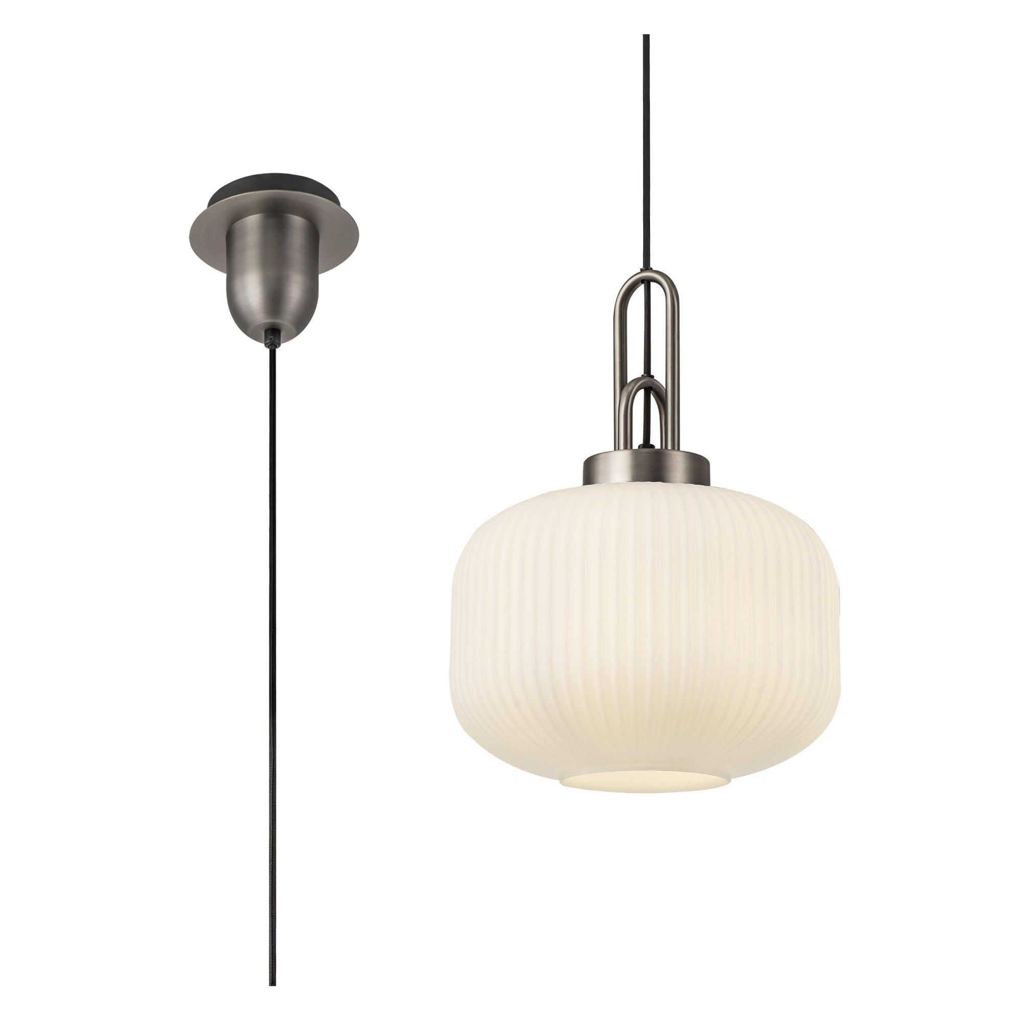 Fabula Springfield Single Pendant - 30cm Pumpkin Shaped Ribbed Glass Shade - Antique Silver & Opal Glass