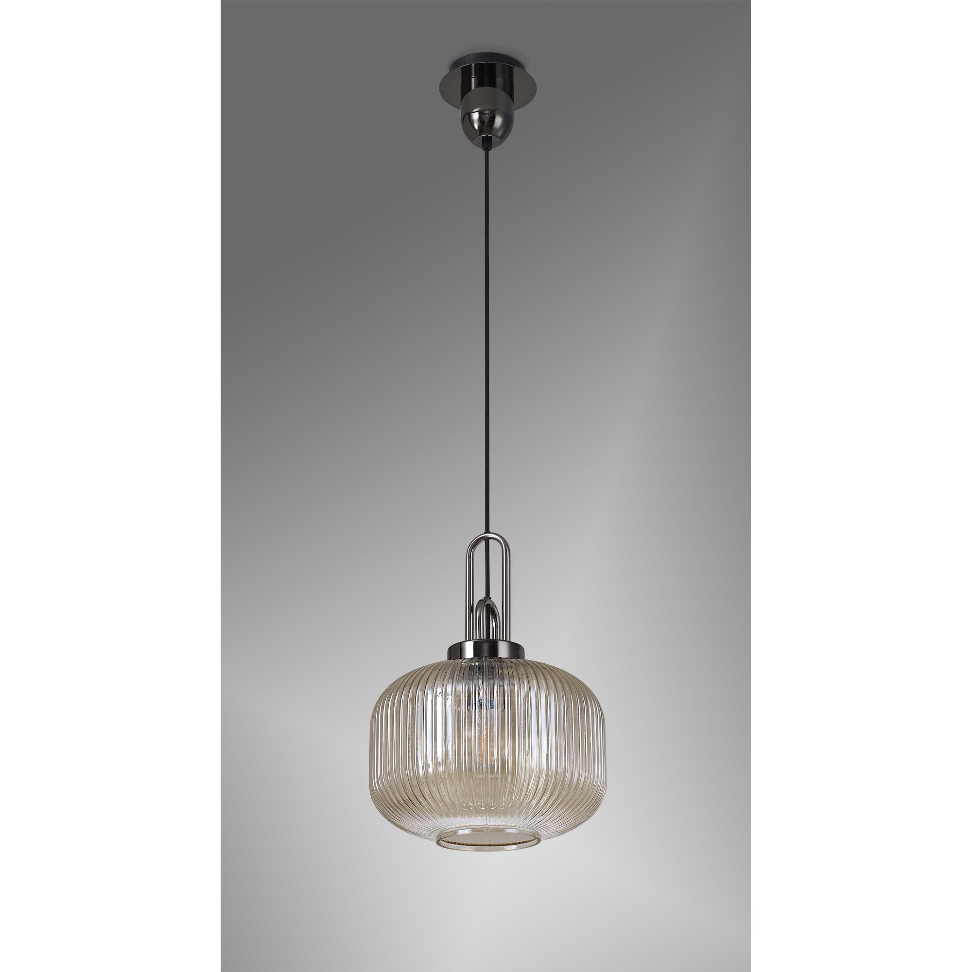 Fabula Springfield Single Pendant - 30cm Pumpkin Shaped Ribbed Glass Shade - Black Chrome & Champagne Glass