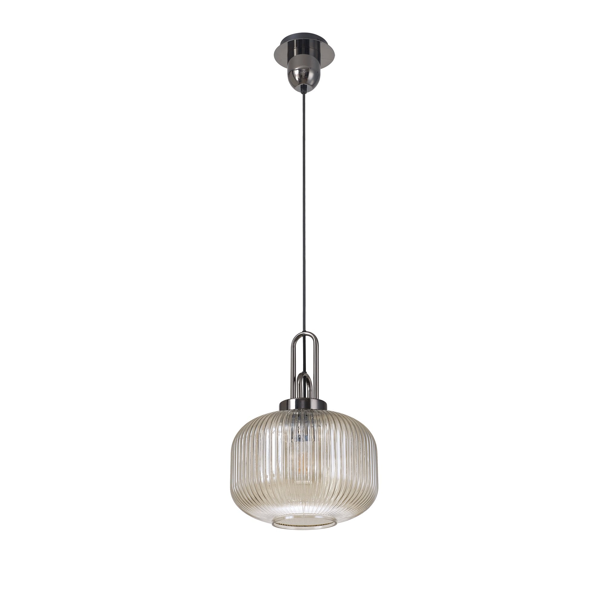 Fabula Springfield Single Pendant - 30cm Pumpkin Shaped Ribbed Glass Shade - Black Chrome & Champagne Glass