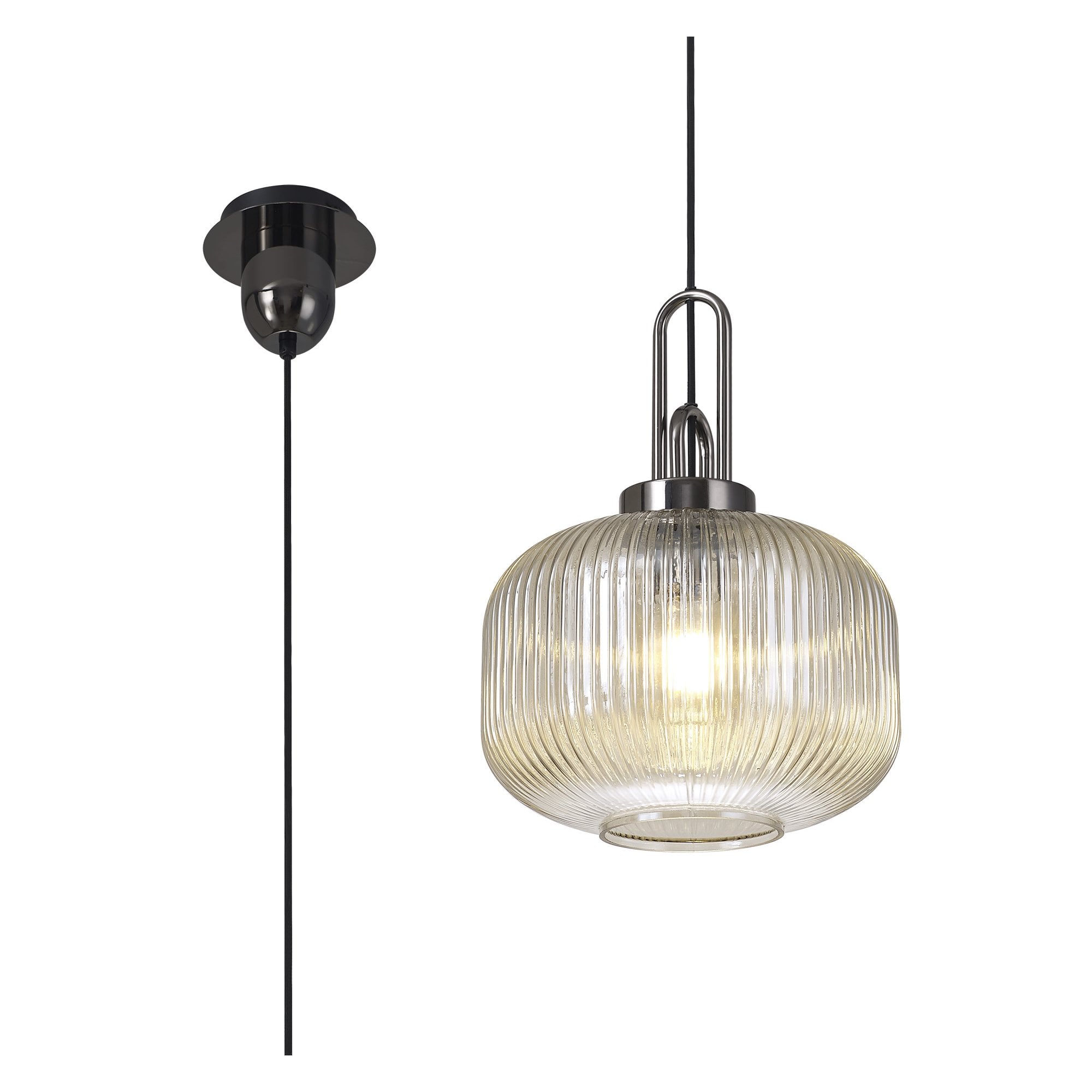 Fabula Springfield Single Pendant - 30cm Pumpkin Shaped Ribbed Glass Shade - Black Chrome & Champagne Glass